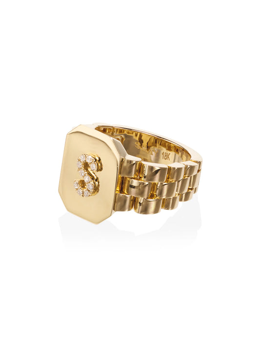 metallic initial 18kt gold diamond signet ring