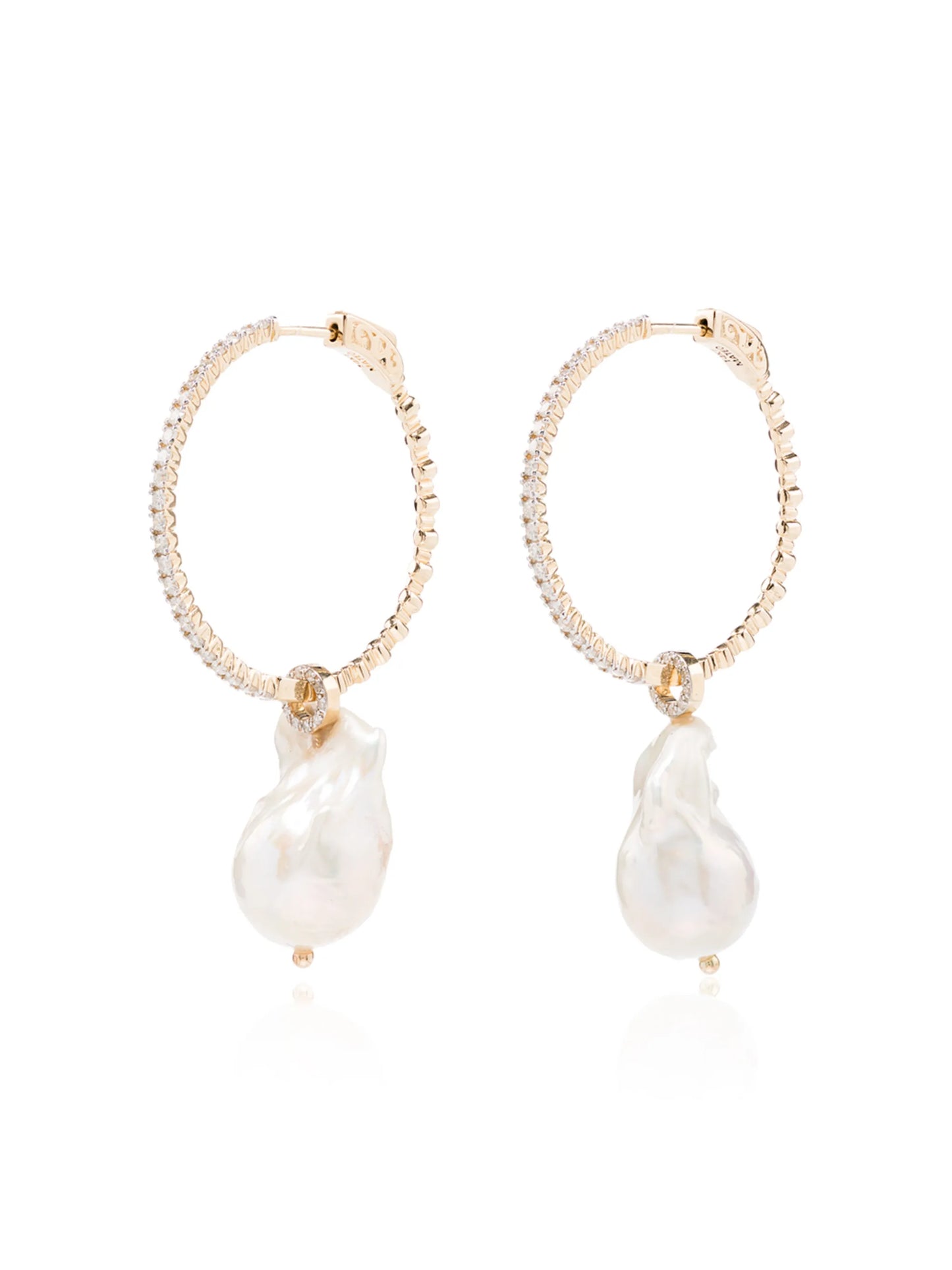 14kt gold pearl diamond hoop earrings