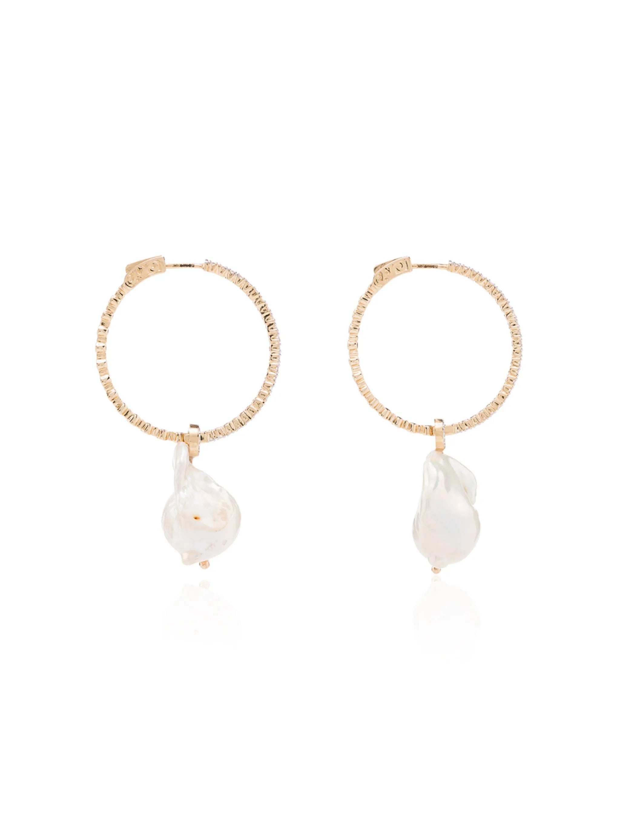 14kt gold pearl diamond hoop earrings