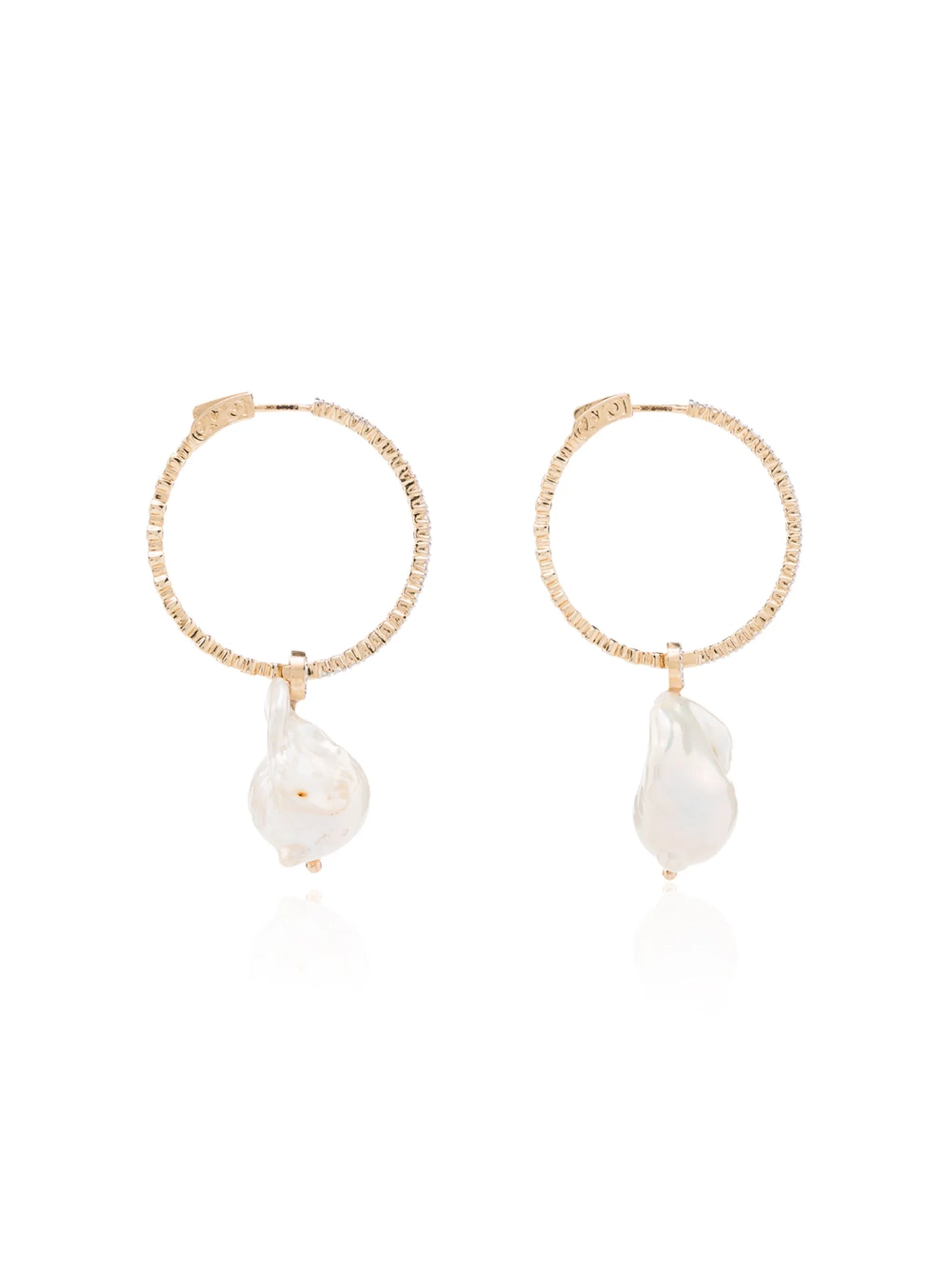 14kt gold pearl diamond hoop earrings