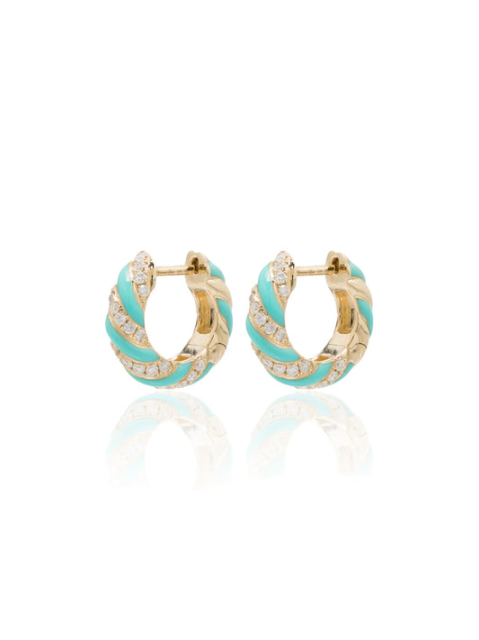 9kt yellow gold diamond and enamel hoop earrings