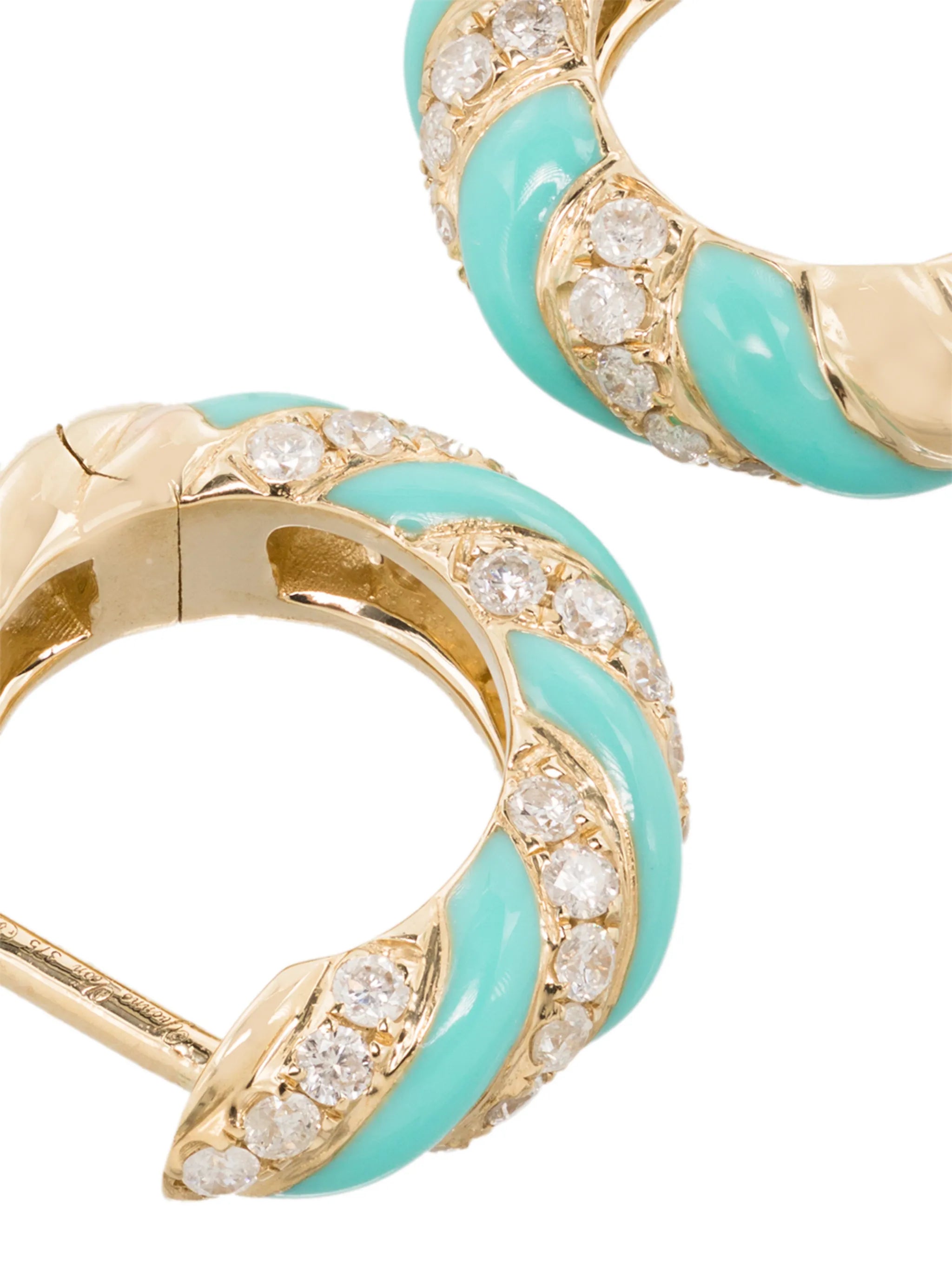 9kt yellow gold diamond and enamel hoop earrings