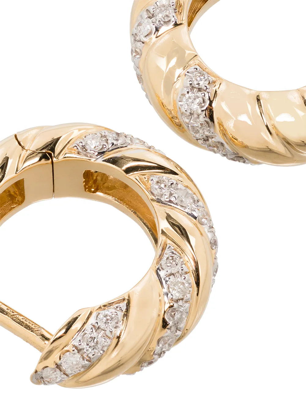 pair of twisted diamond hoop earrings in yellow gold