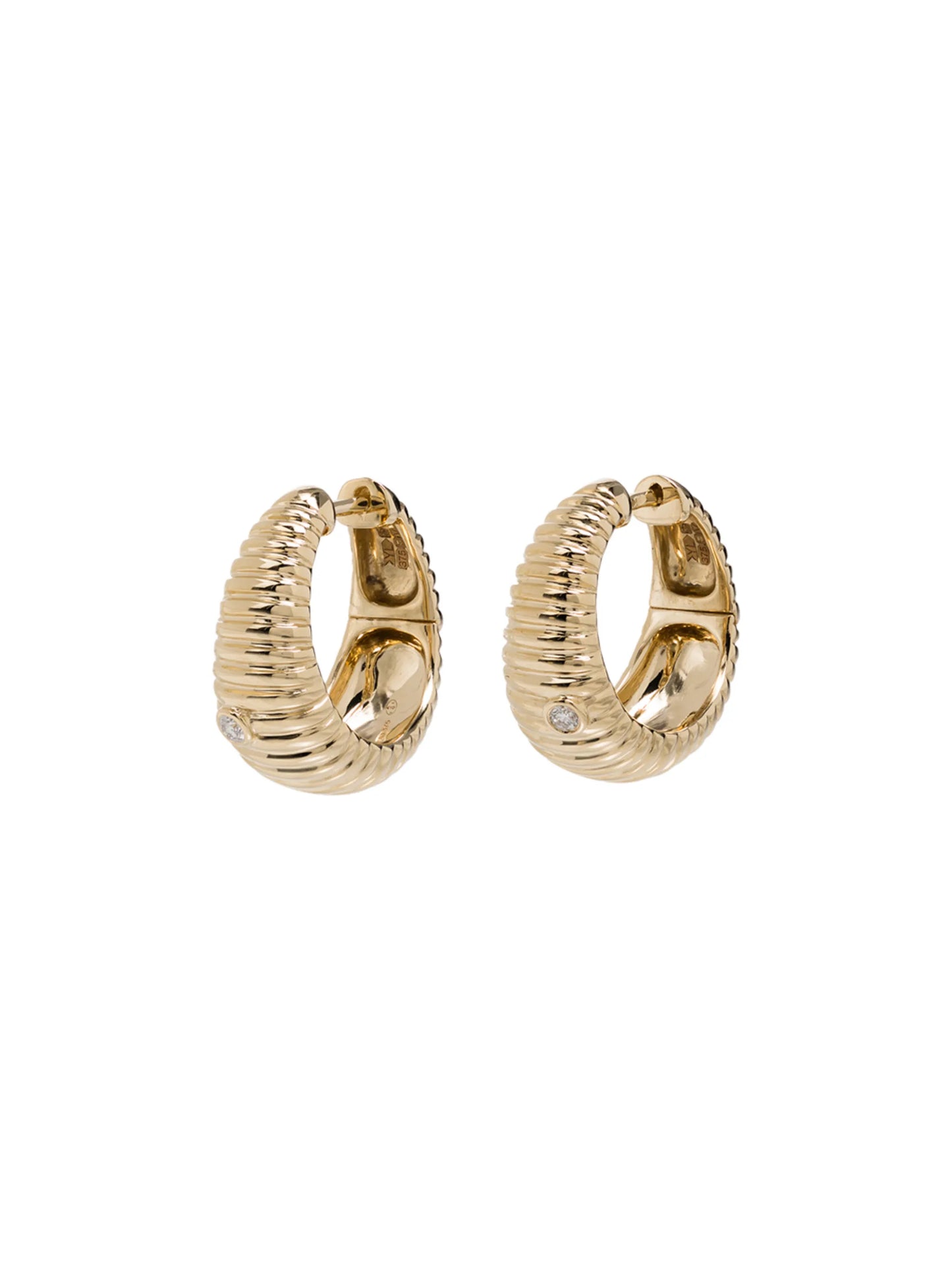 9kt yellow gold ridged diamond hoop earrings
