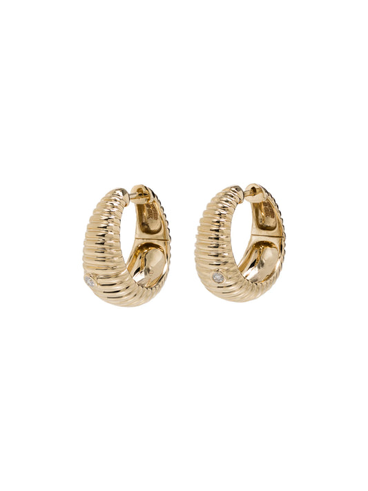 9kt yellow gold ridged diamond hoop earrings