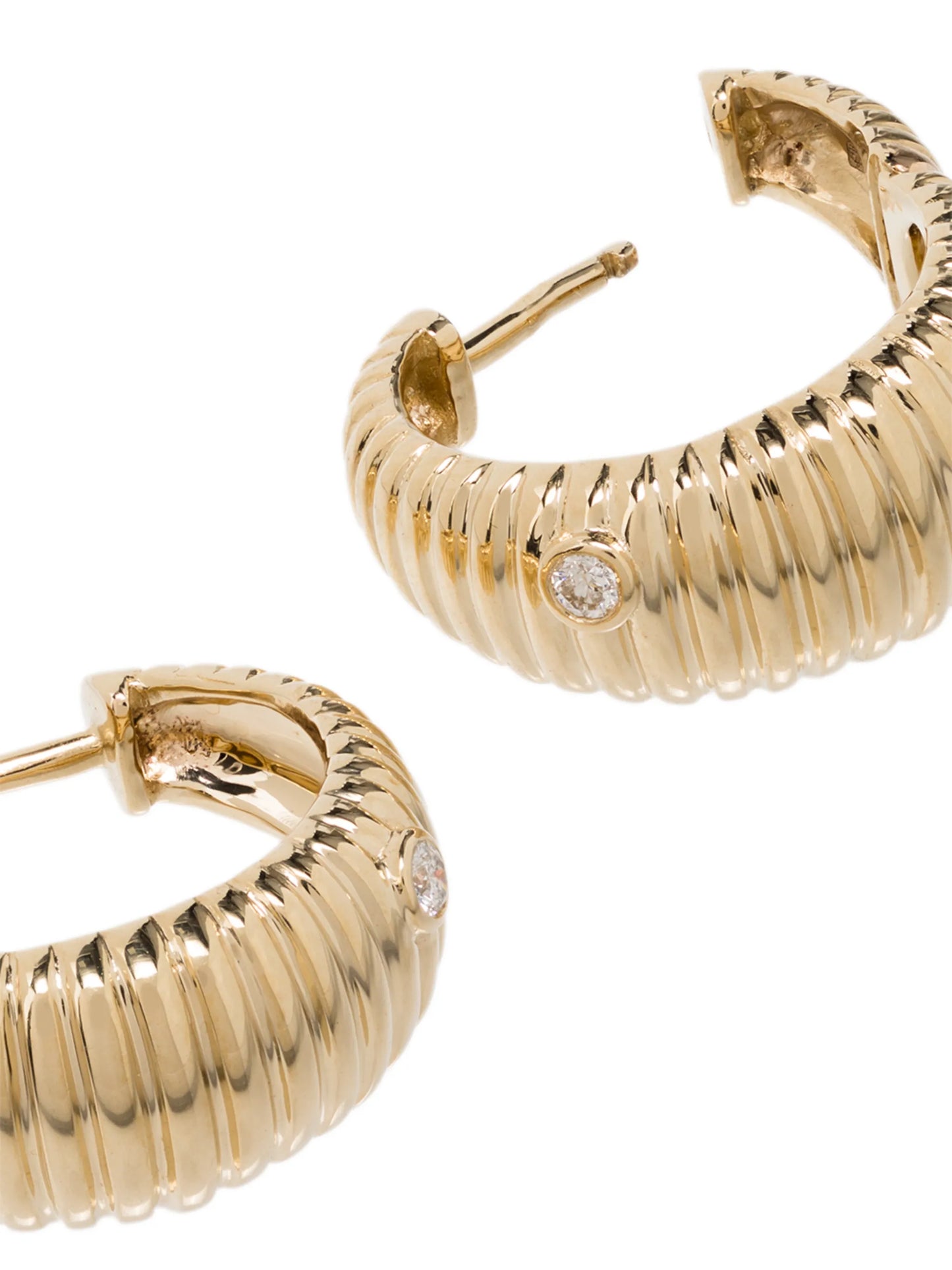 9kt yellow gold ridged diamond hoop earrings