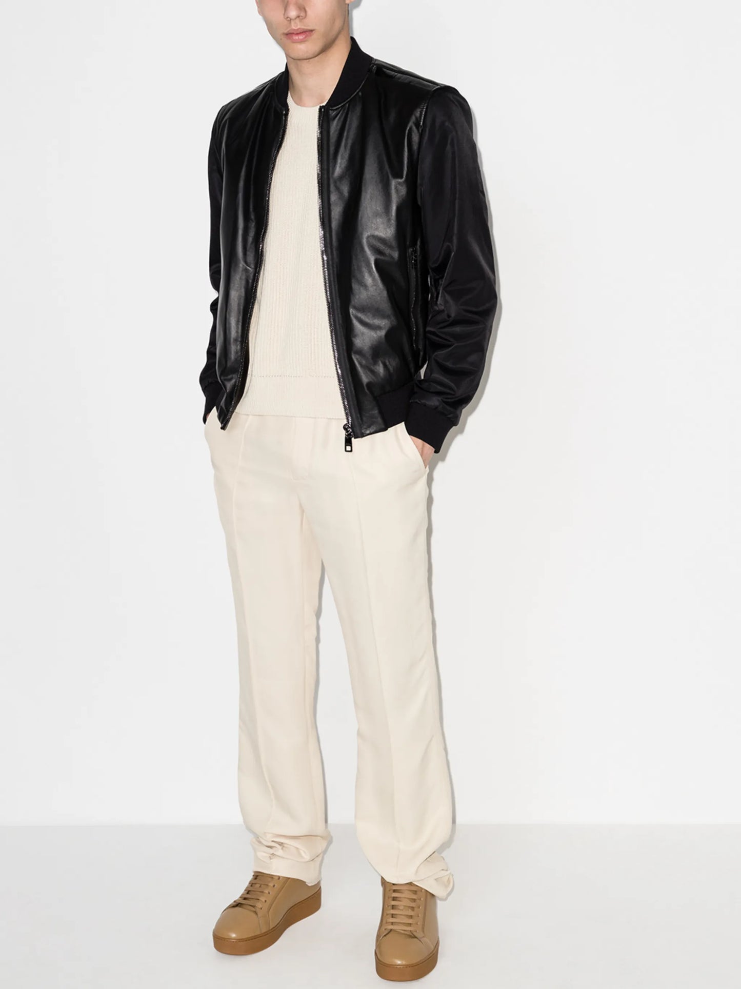 panelled leather bomber jacket