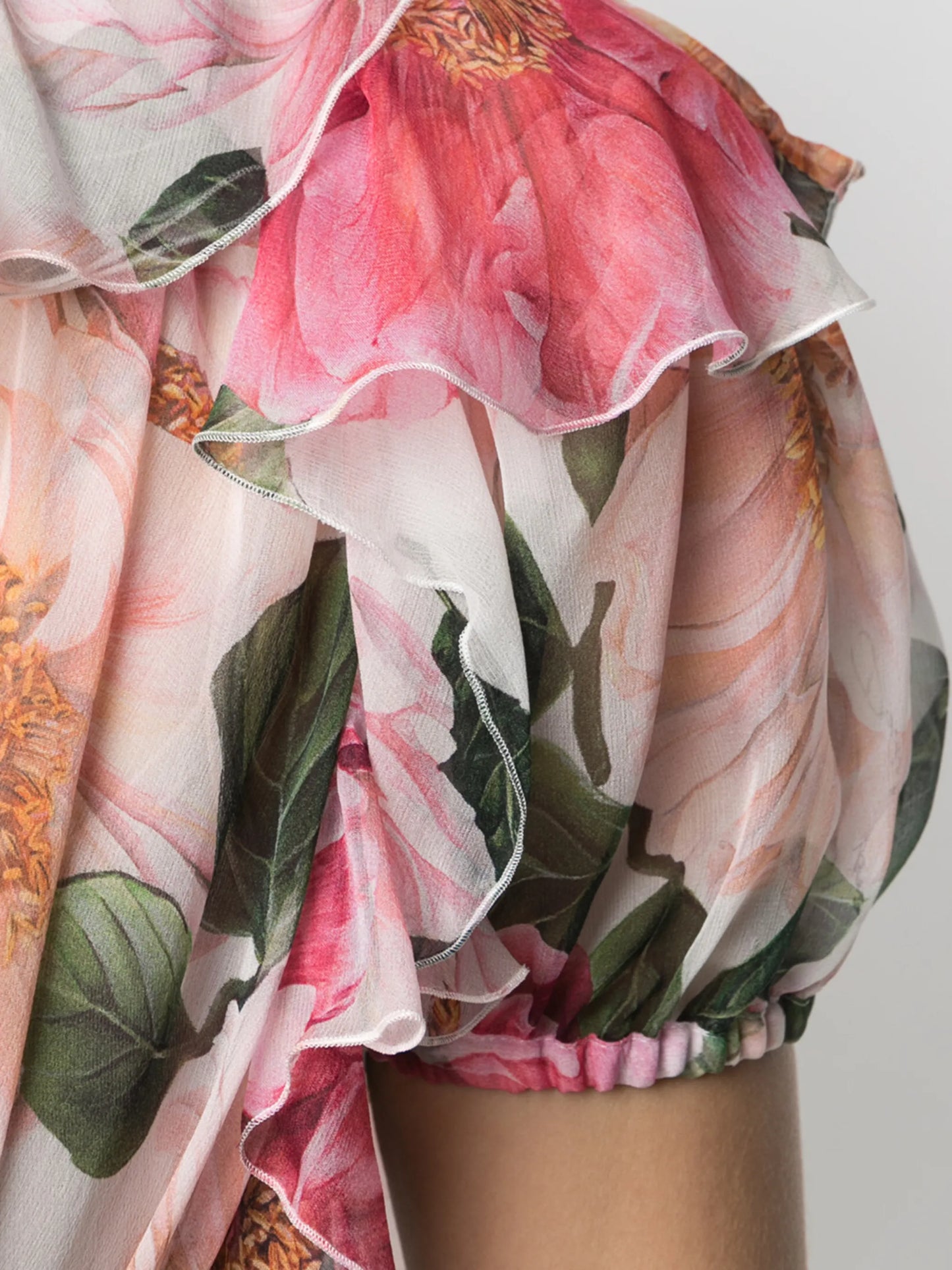 ruffled camellia-print V-neck top