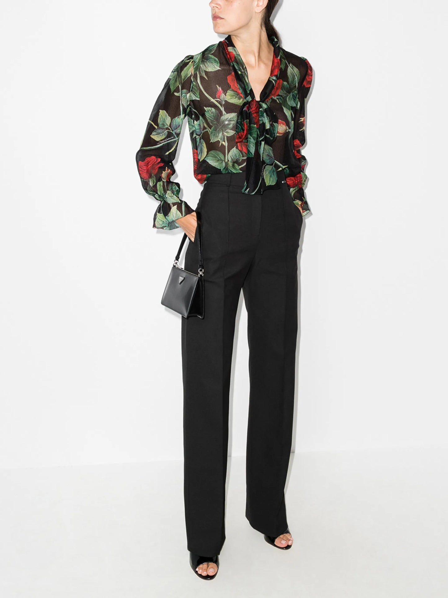 rose print pussy-bow blouse