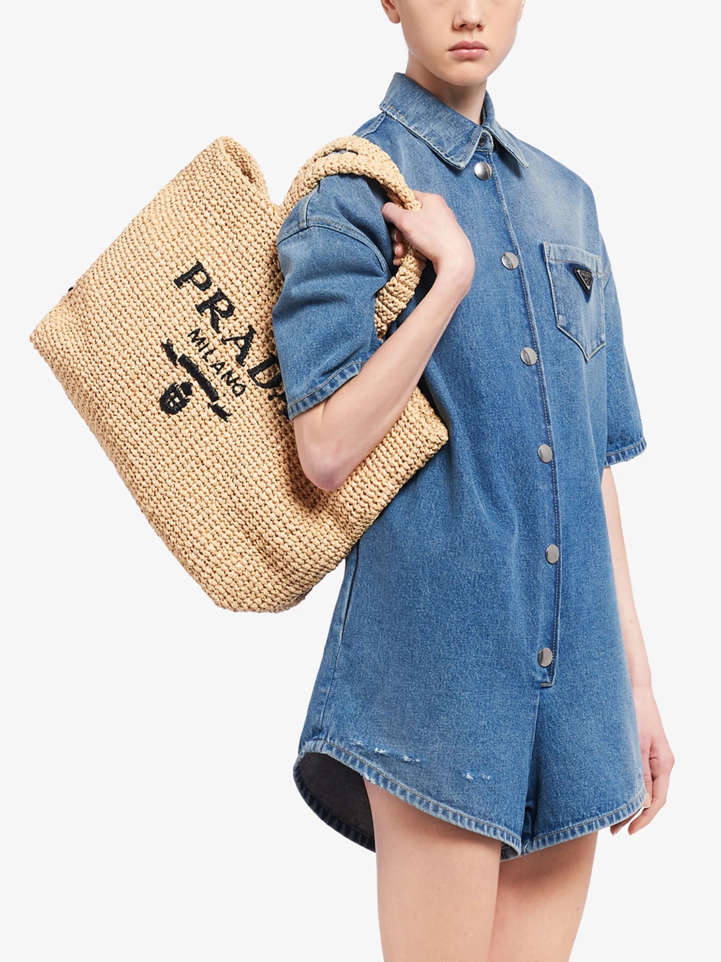 logo-embroidered raffia tote bag