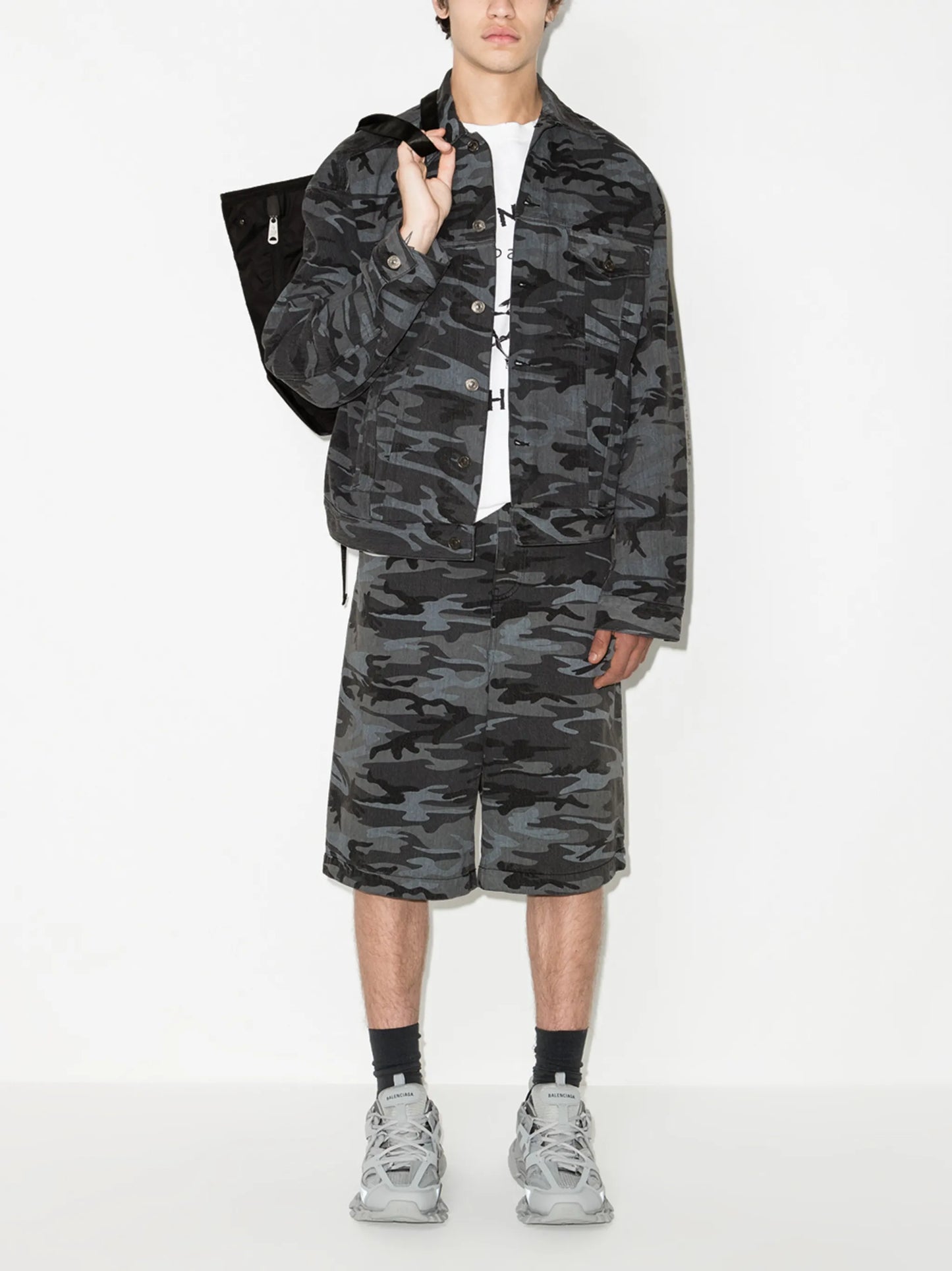 camo print dropped crotch shorts