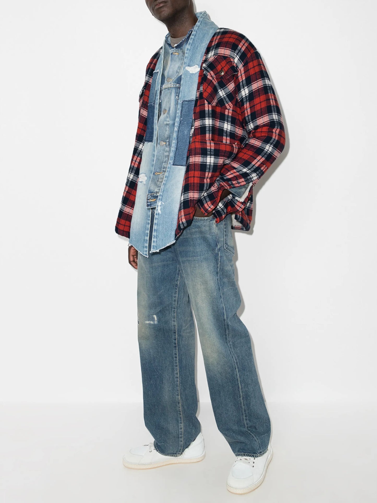 plaid flannel and denim cardigan