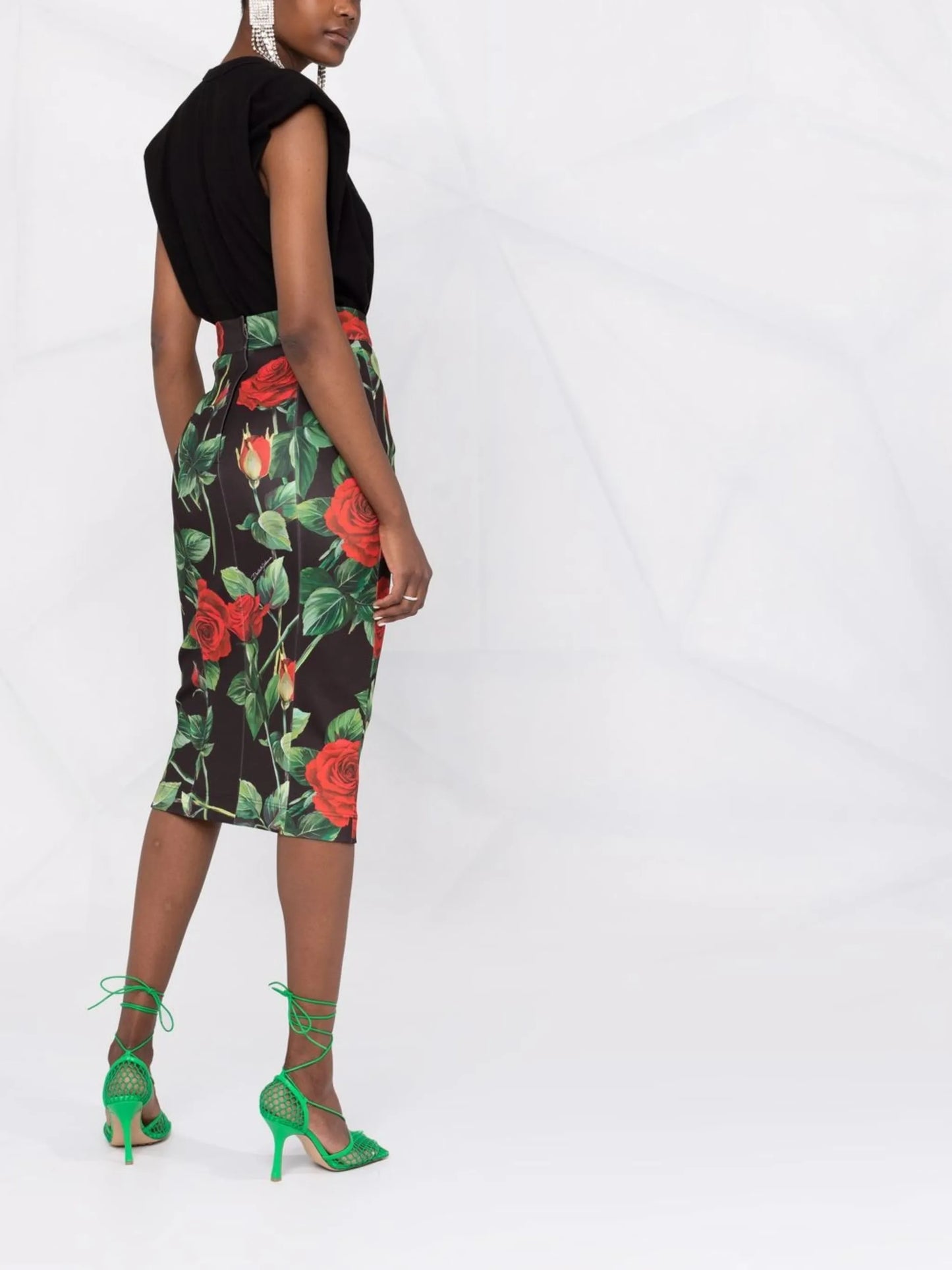 rose-print high-waisted pencil skirt