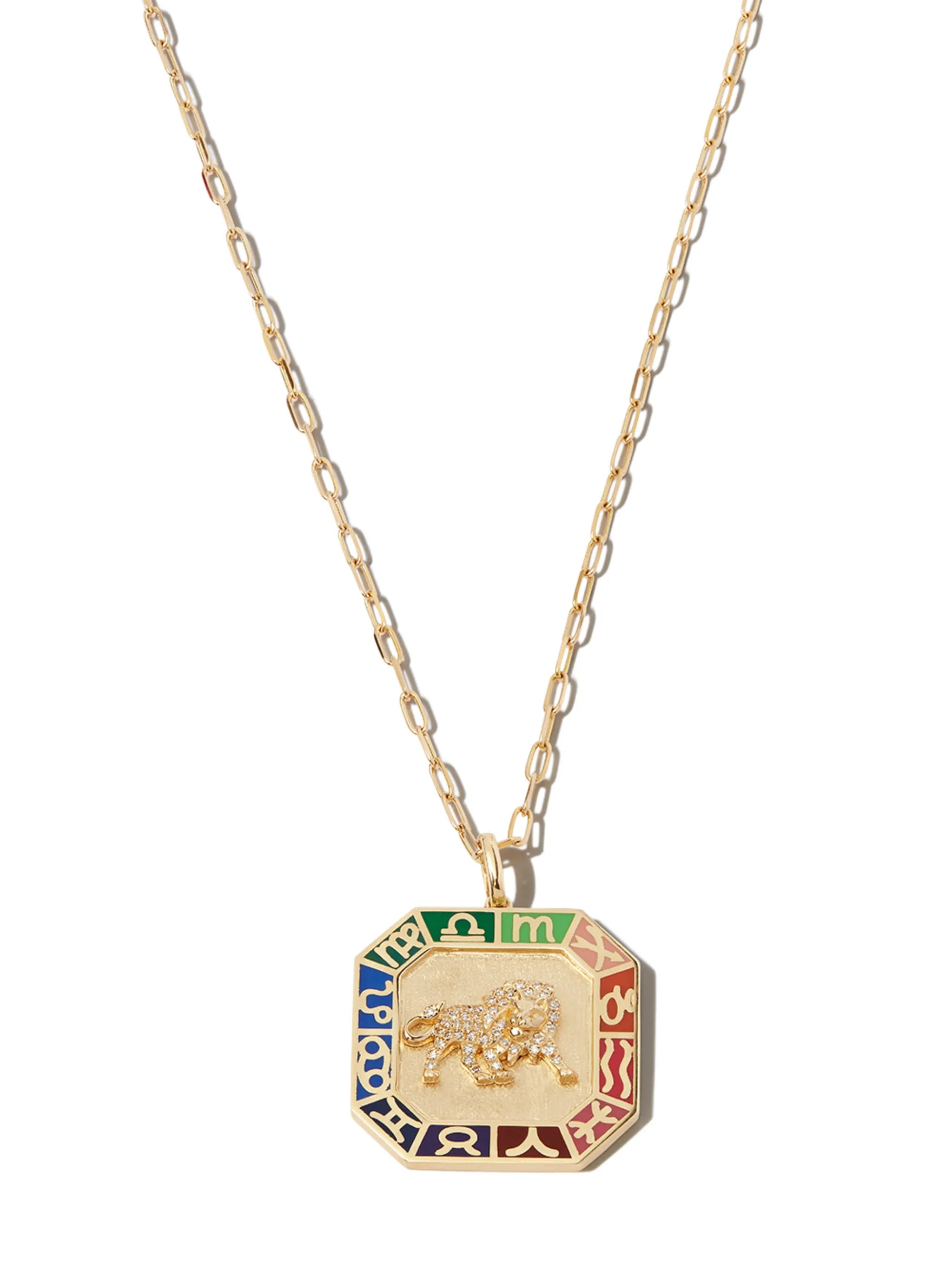 18kt yellow gold Leo diamond and enamel necklace