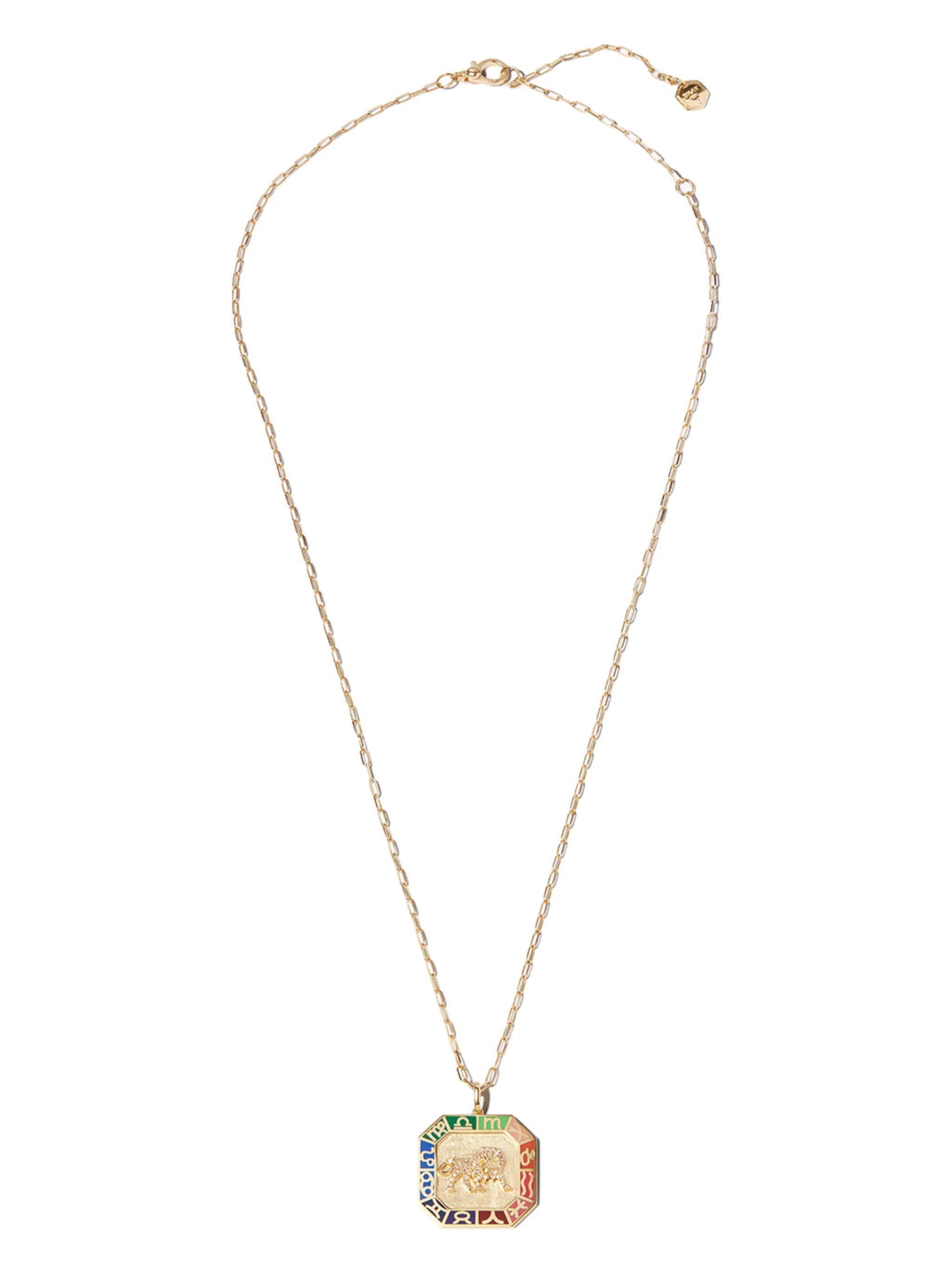 18kt yellow gold Leo diamond and enamel necklace