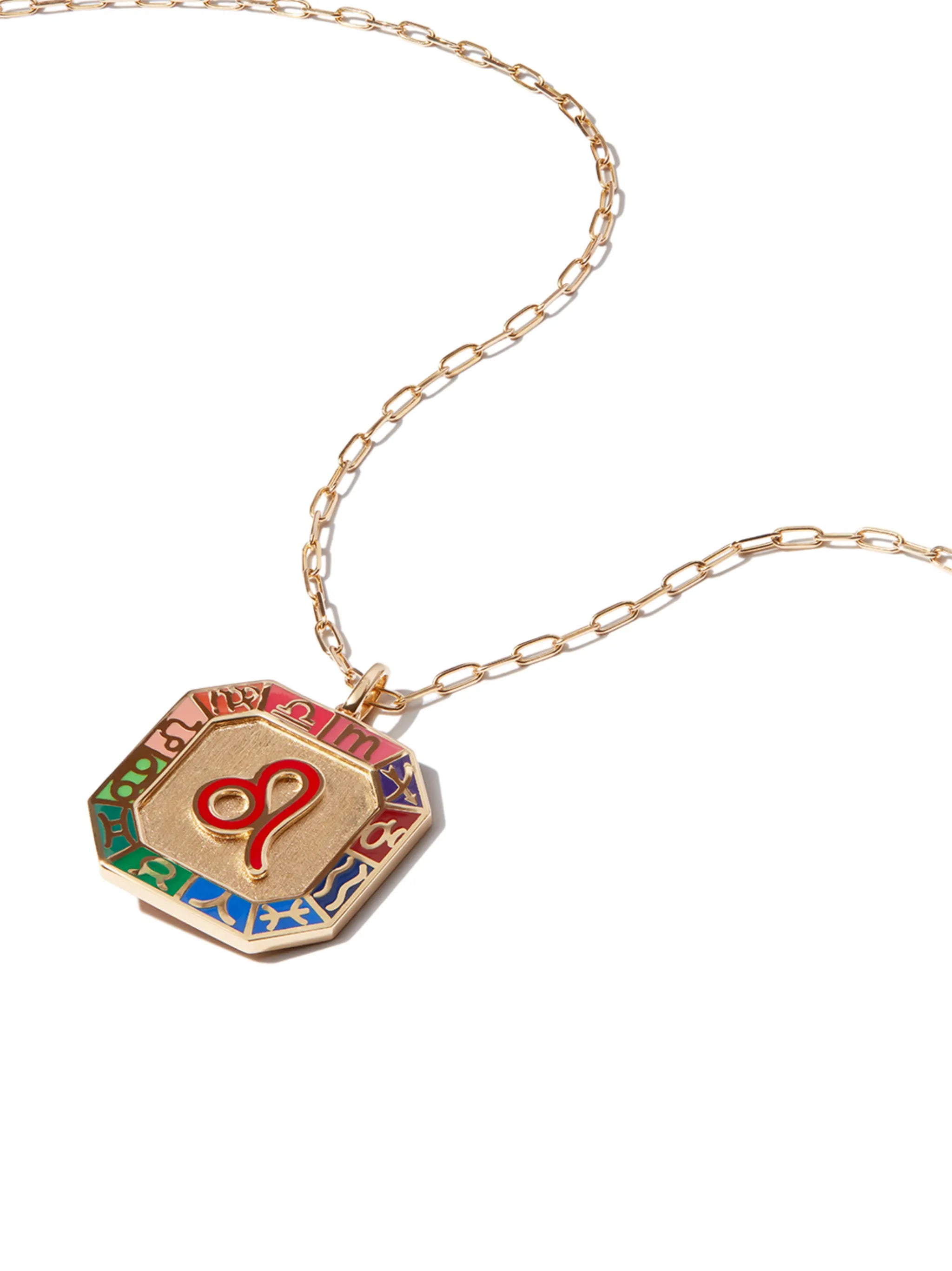 18kt yellow gold Leo diamond and enamel necklace