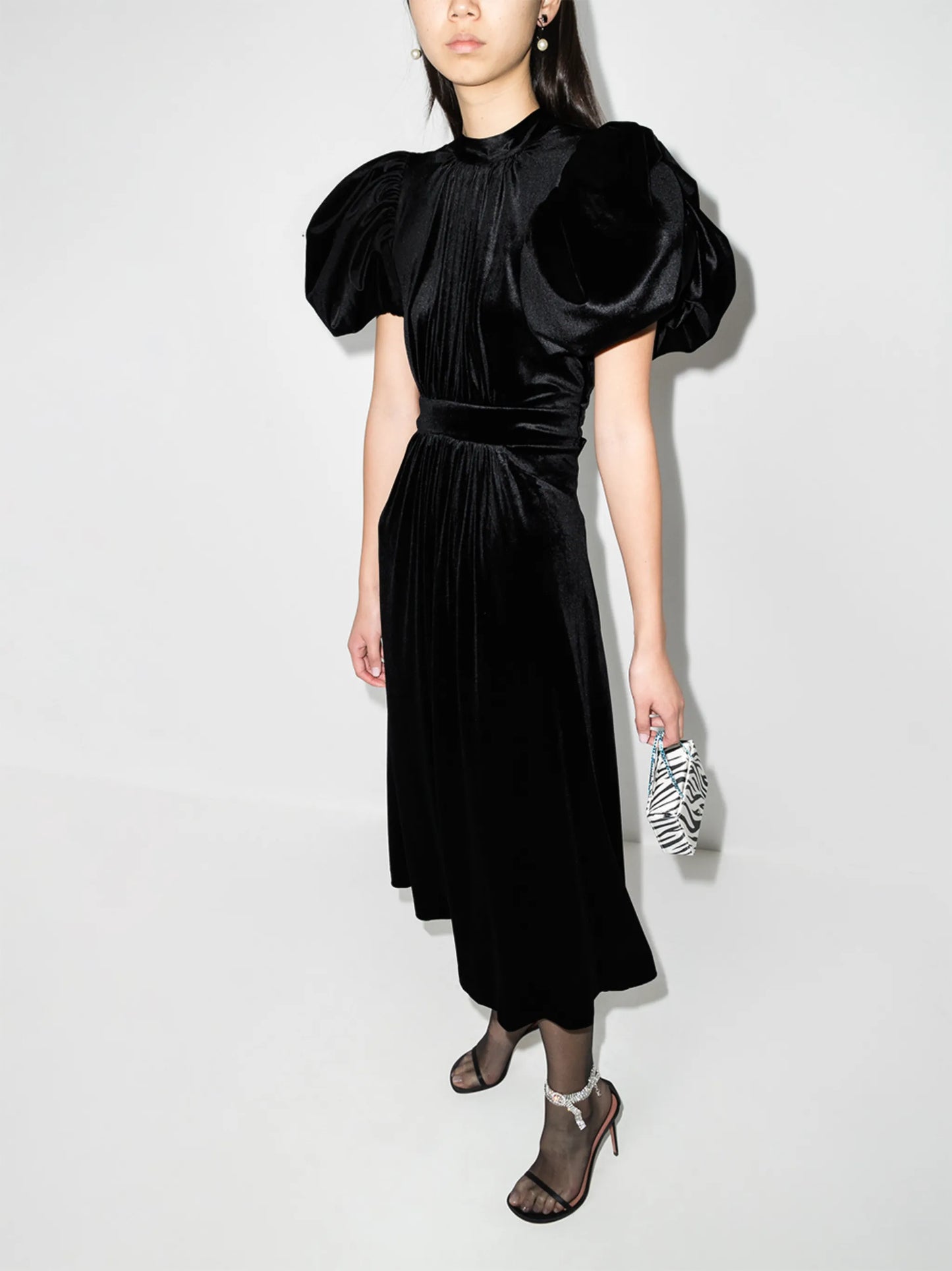 Noon puff-sleeve velvet-effect dress