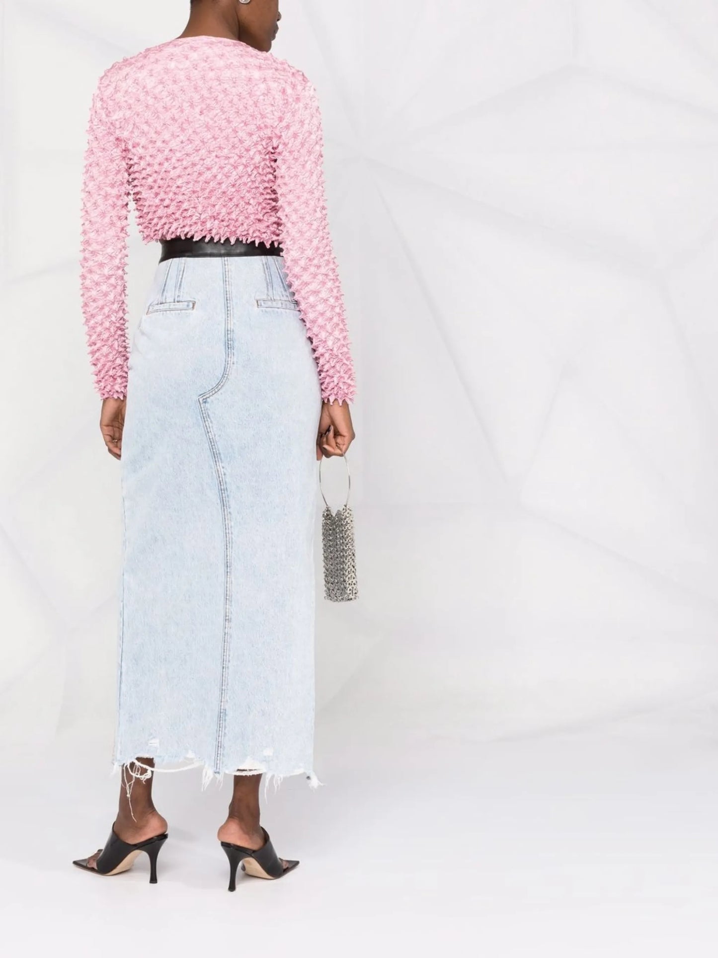 leather-trim high-split denim skirt