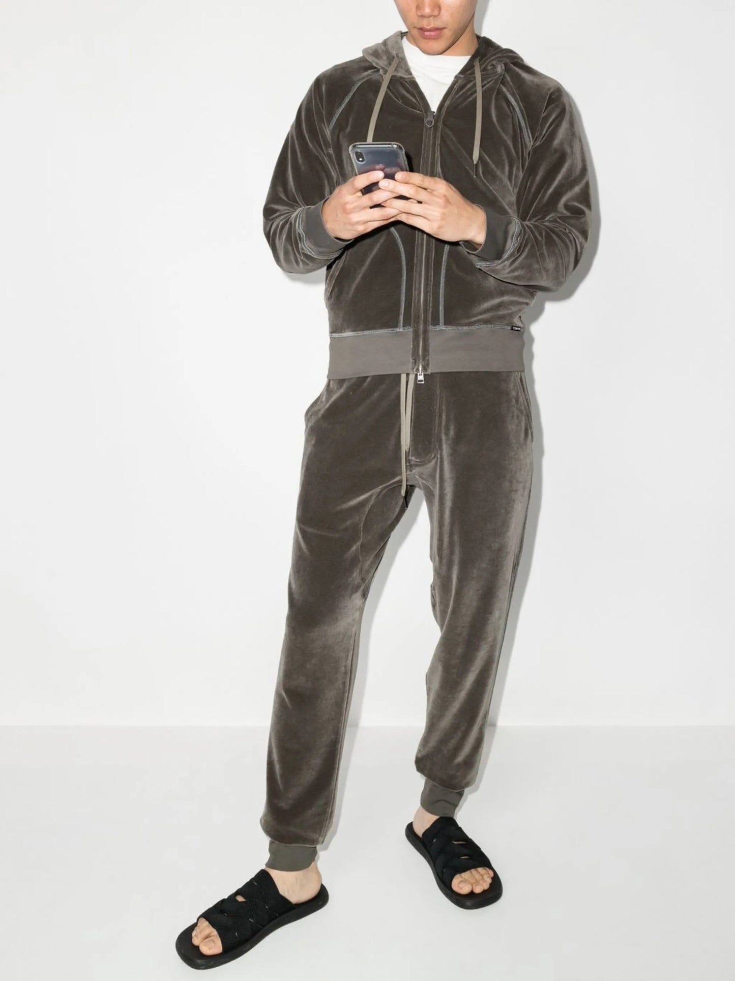 velour zip-fastening hoodie