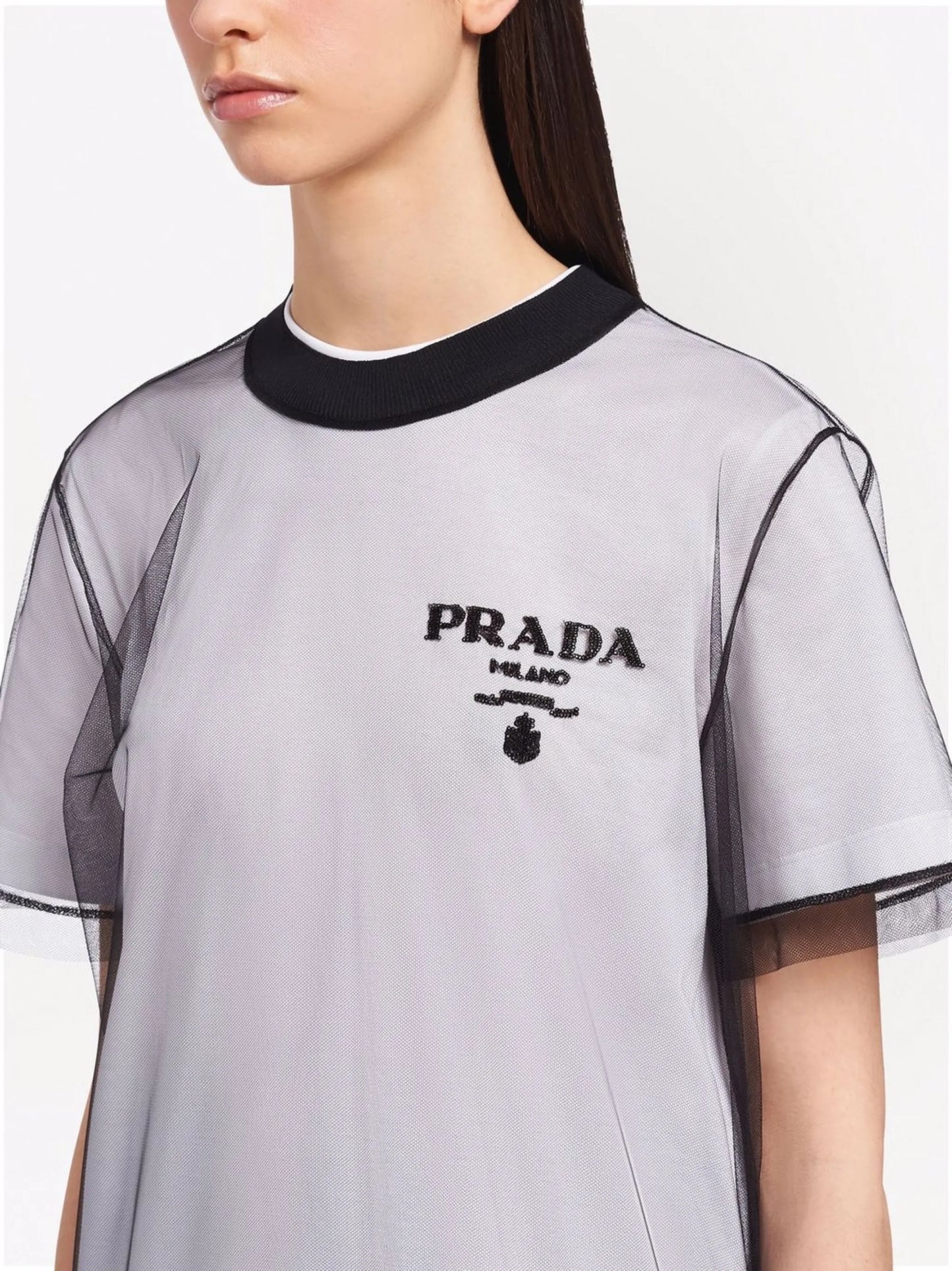 logo-embroidered tulle jersey T-shirt