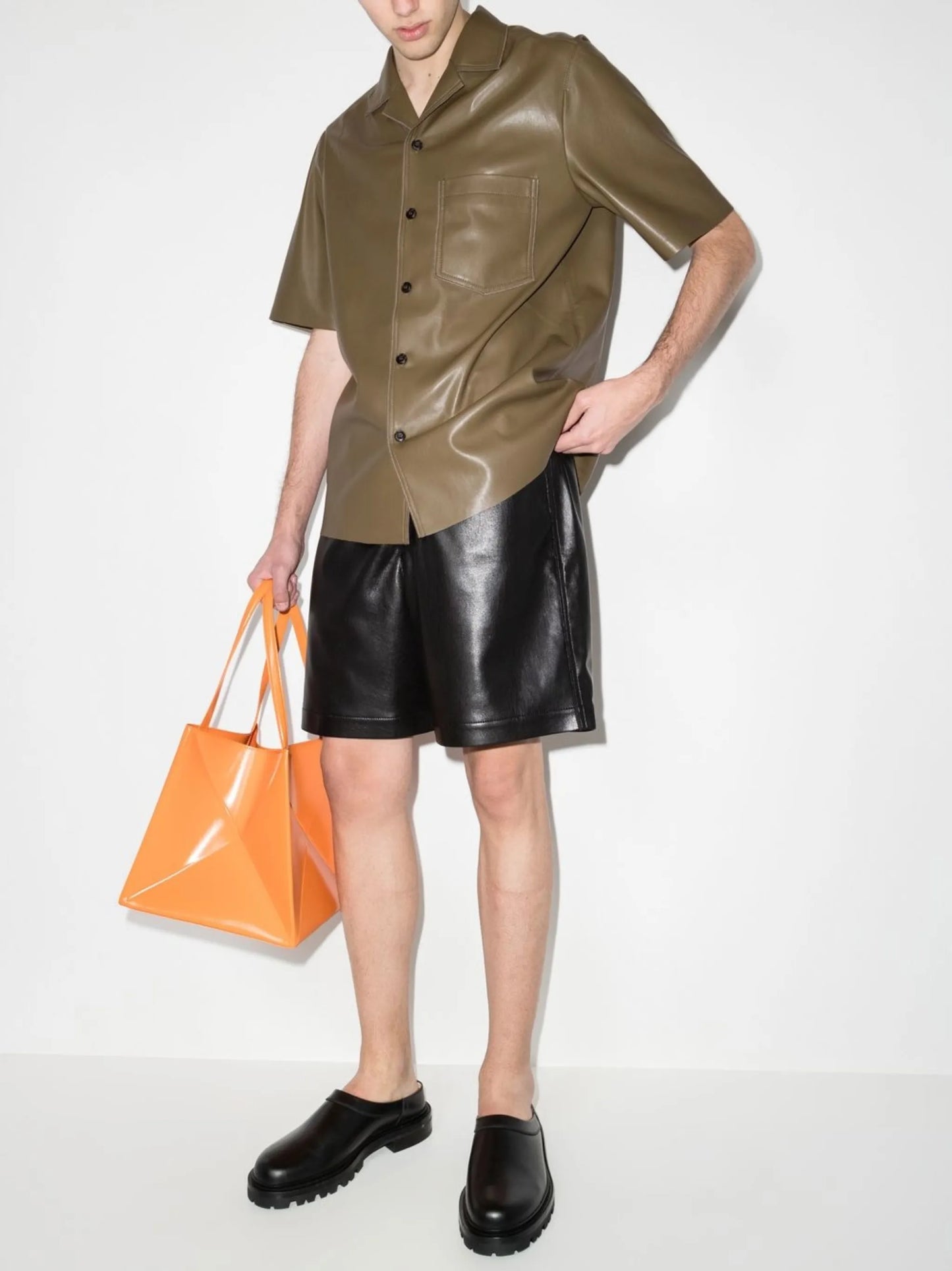 short-sleeved faux leather shirt