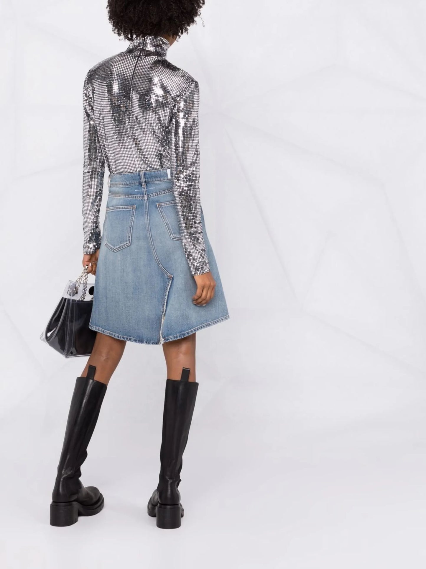 distressed A-line denim skirt