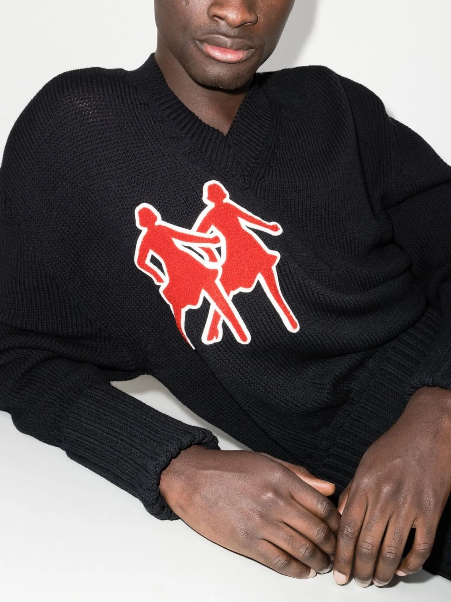 flocked-motif V-neck jumper