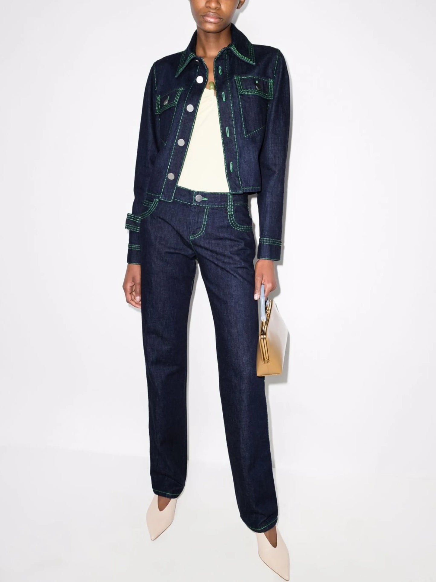 contrast-stitch cropped denim shirt