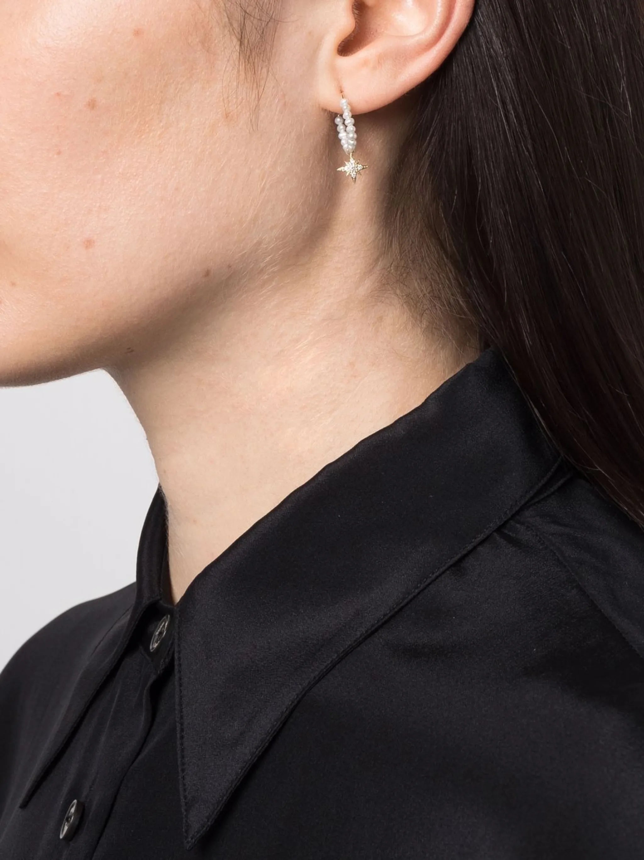 14kt yellow gold diamond star pearl hoop earrings