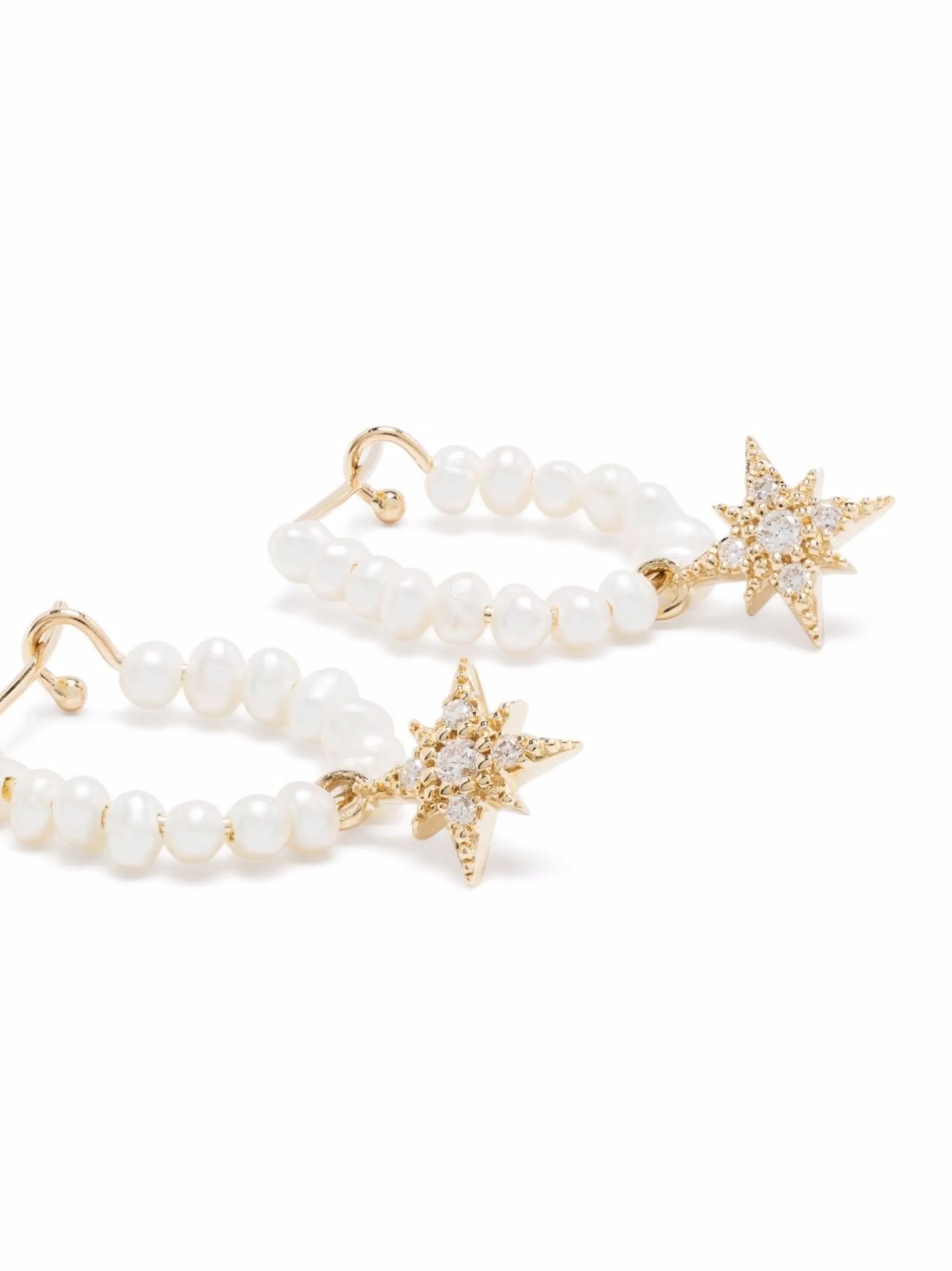 14kt yellow gold diamond star pearl hoop earrings