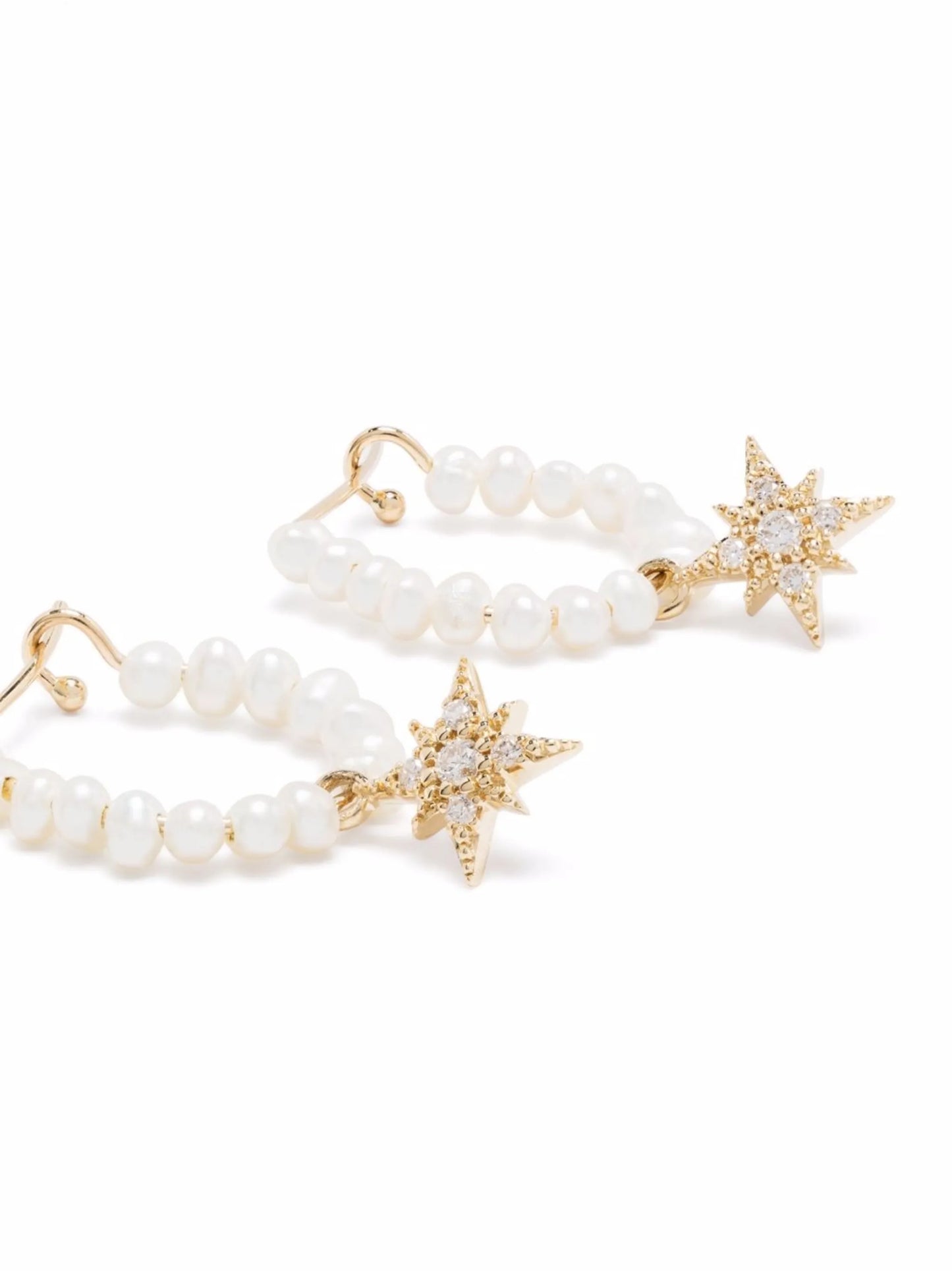 14kt yellow gold diamond star pearl hoop earrings