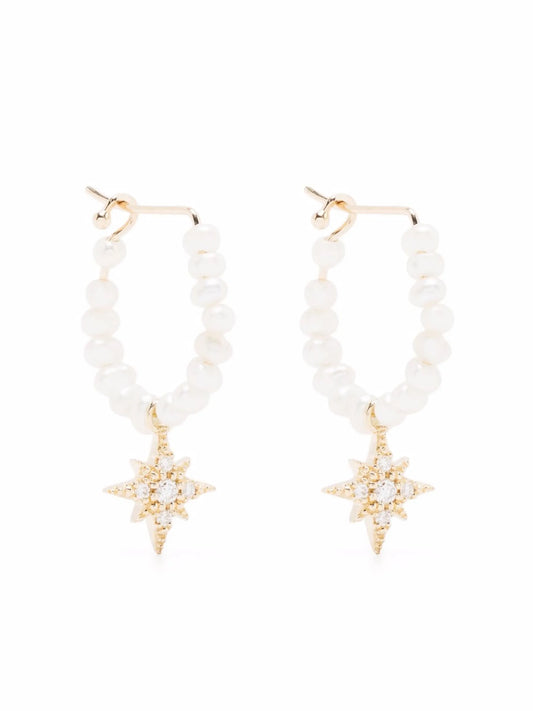 14kt yellow gold diamond star pearl hoop earrings