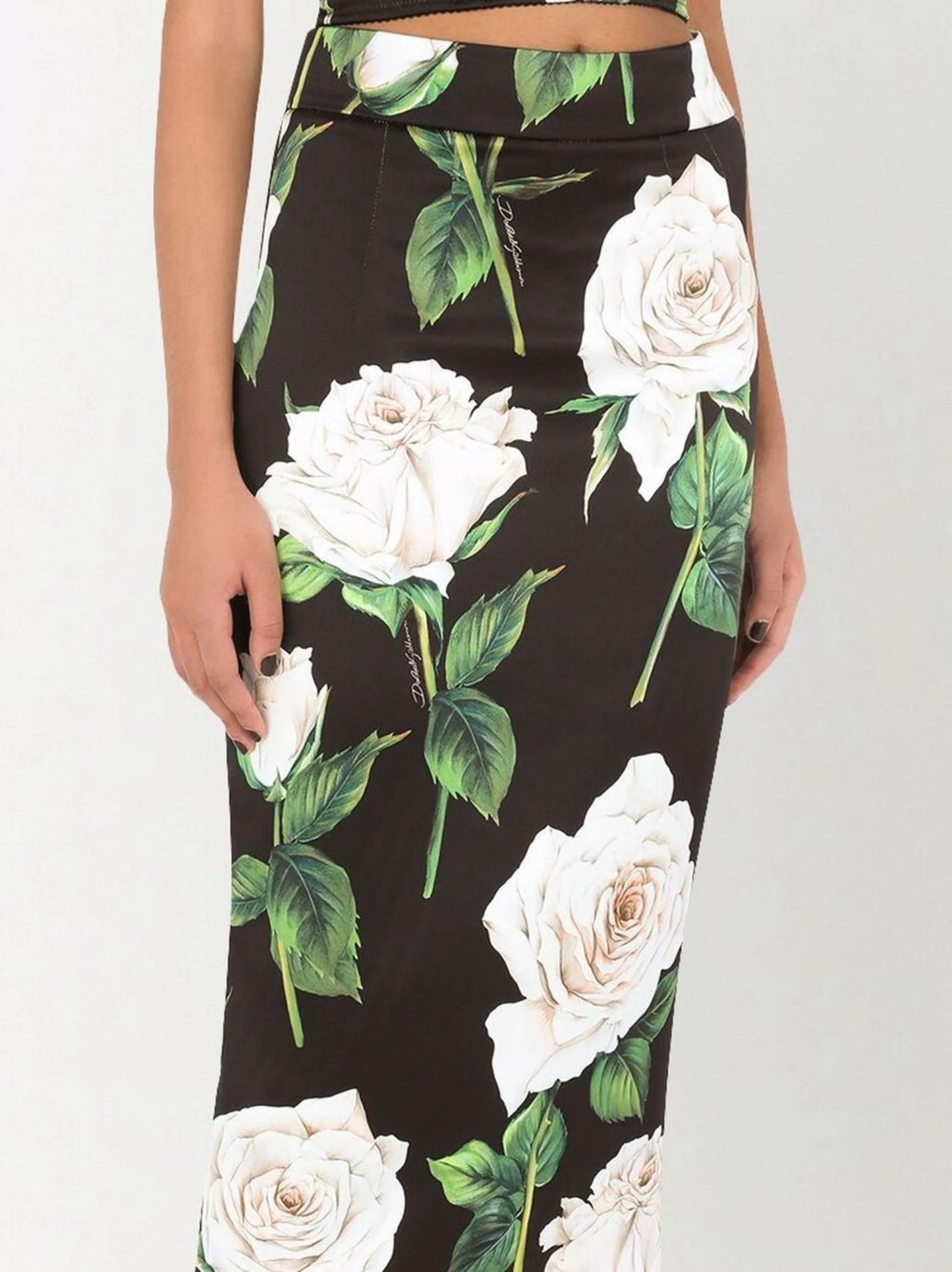 rose-print high-waisted pencil skirt