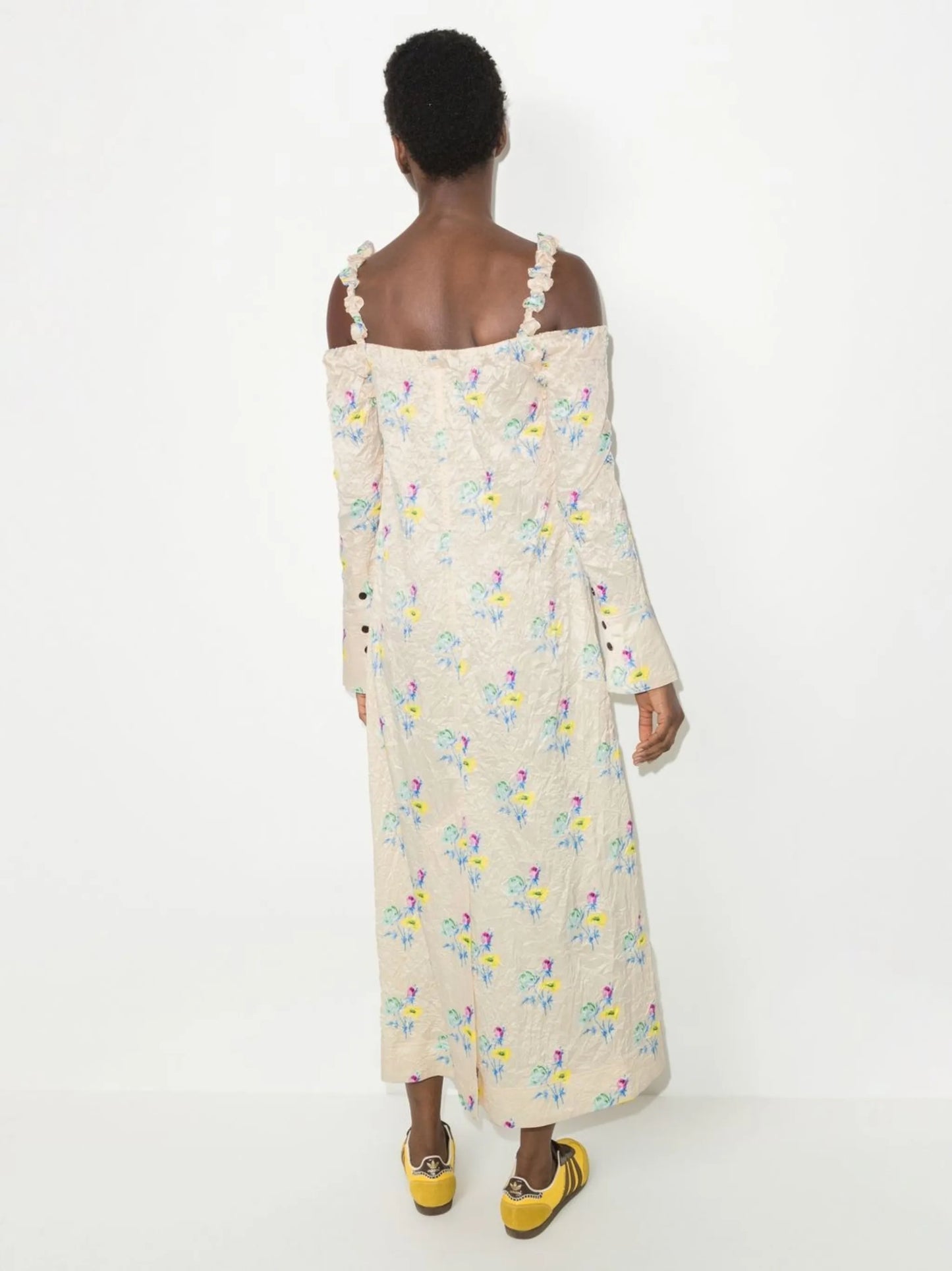off-the-shoulder satin maxi dress