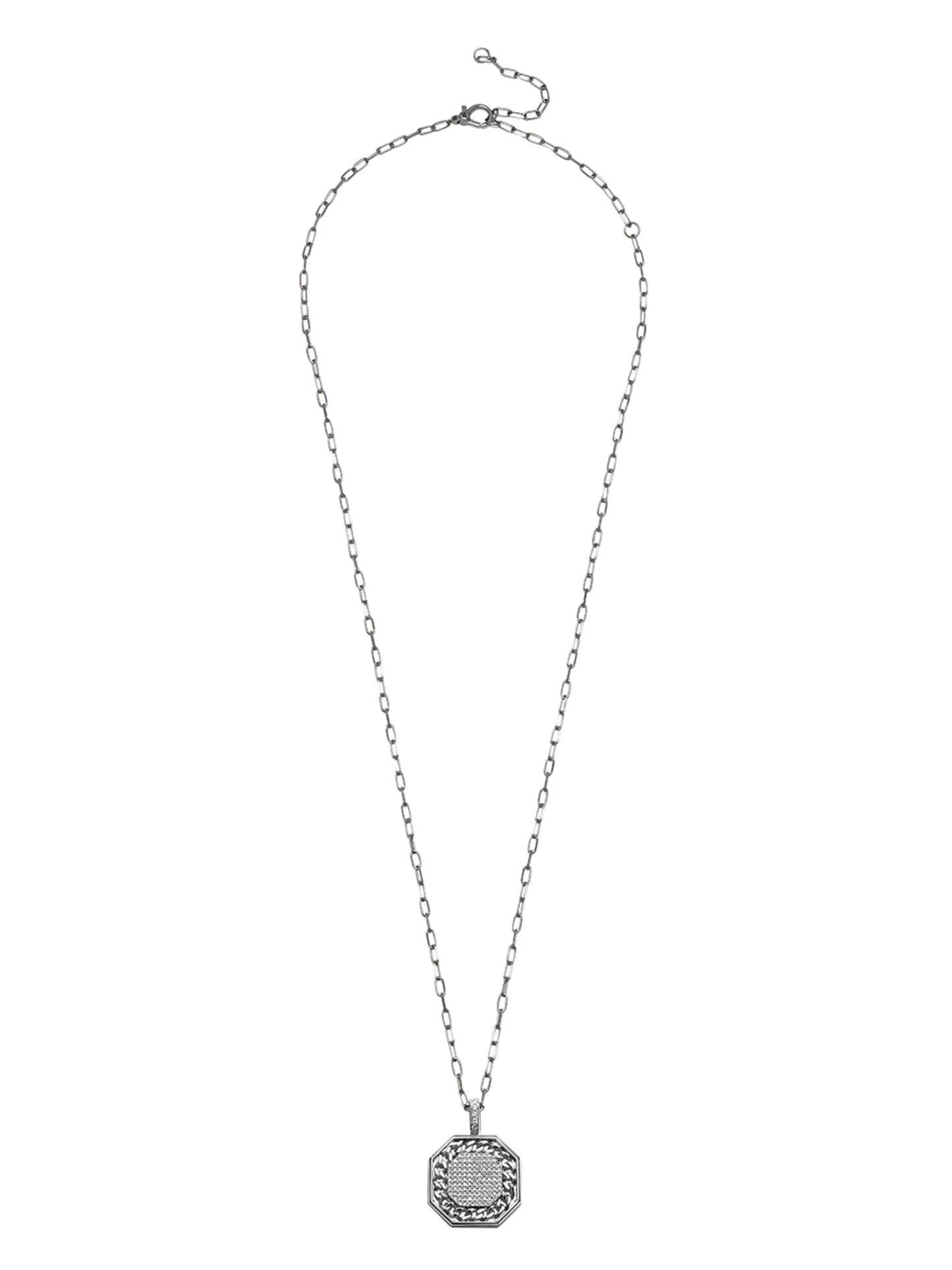 18kt white gold link diamond border pendant necklace