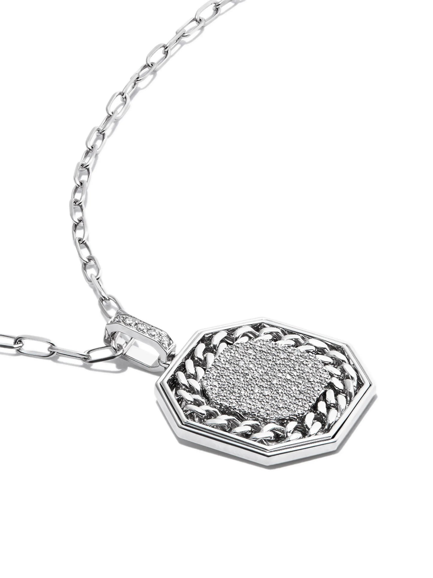 18kt white gold link diamond border pendant necklace