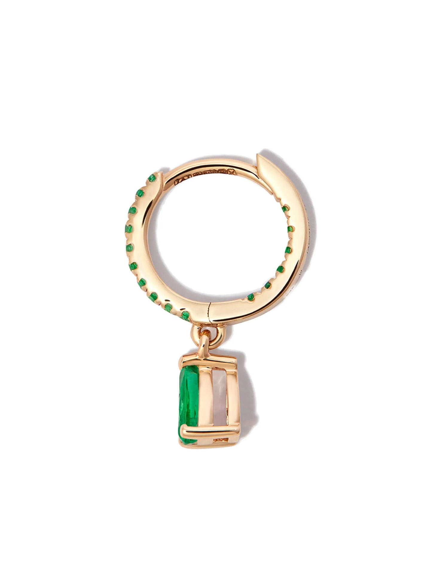 14kt yellow gold emerald pear drop huggie hoop earring