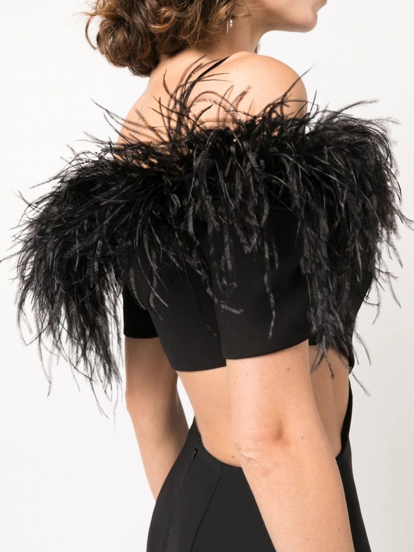 feather-trim off-shoulder dress