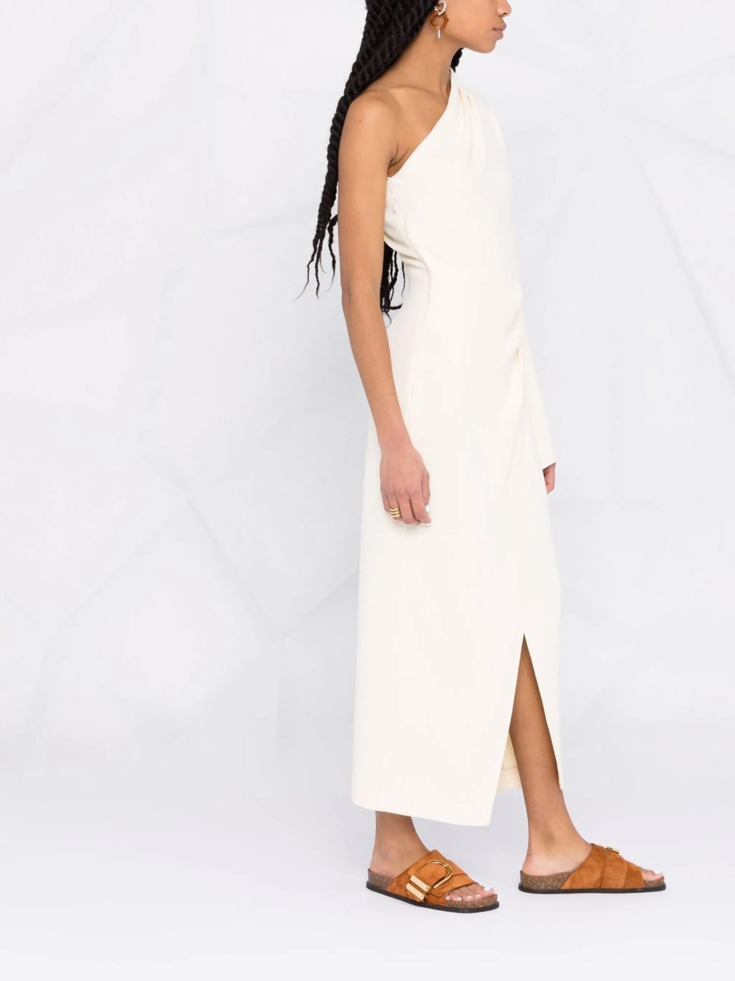 one-shoulder midi wrap dress