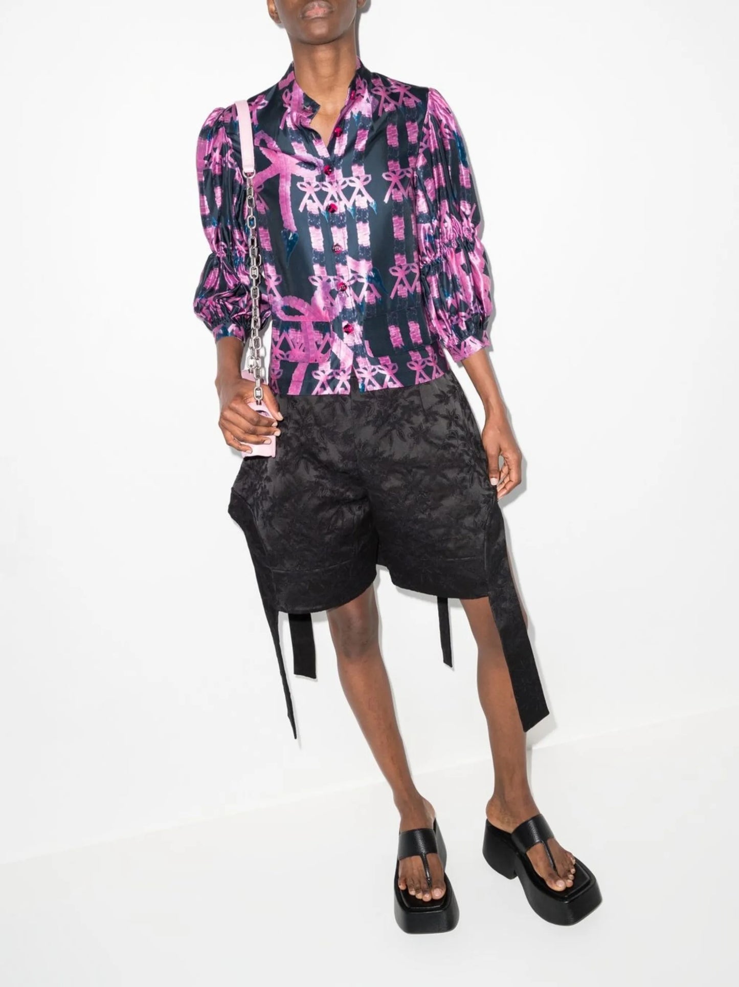 bubble-print mock-neck blouse