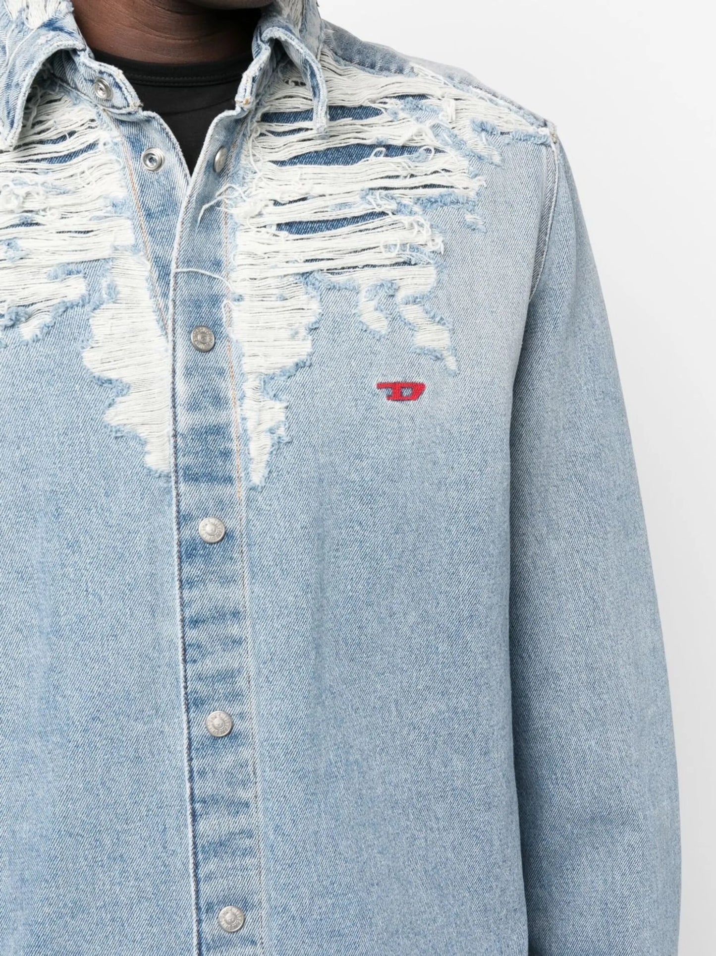 embroidered-logo distressed denim shirt