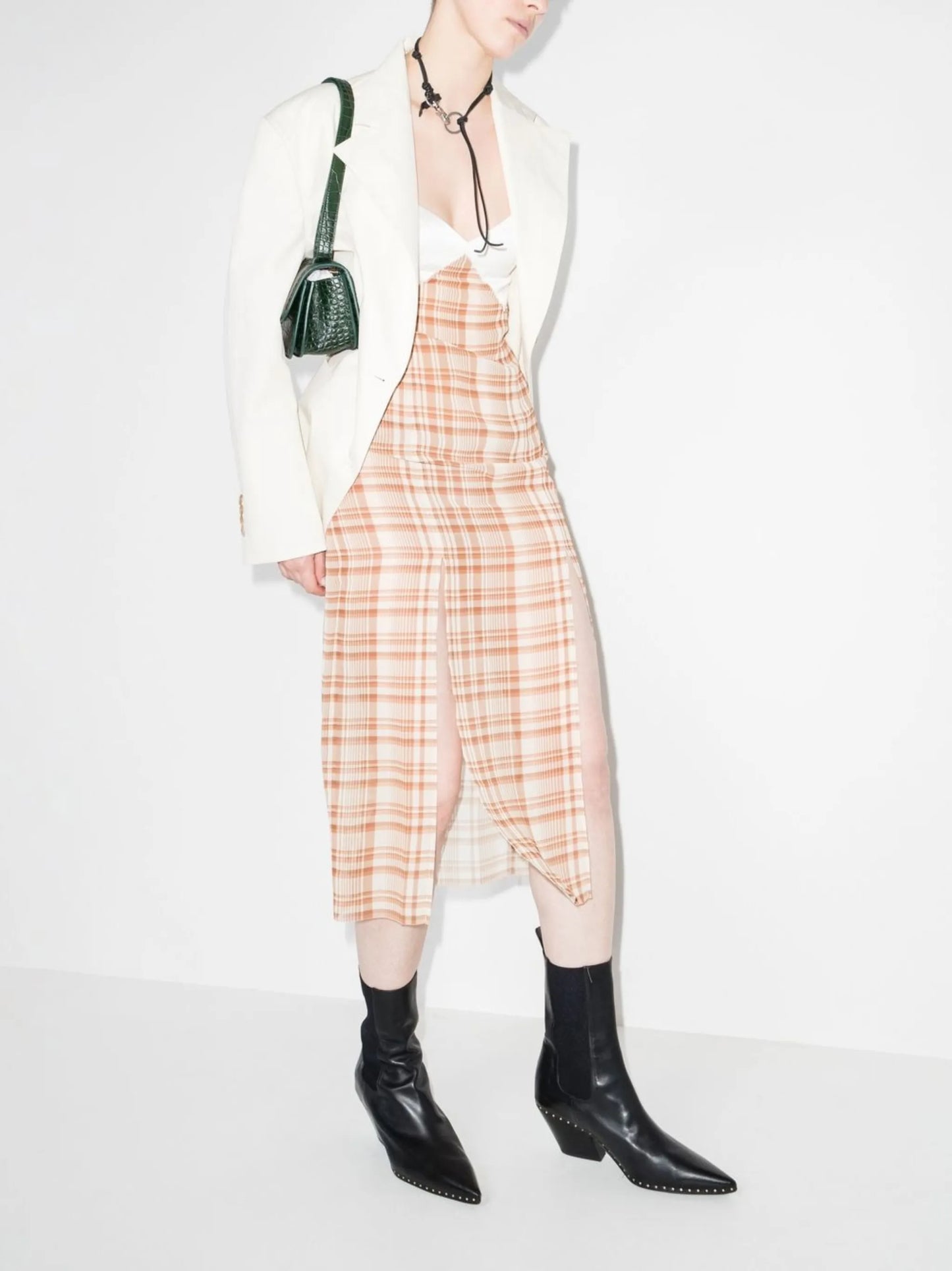 check-print sleeveless midi dress
