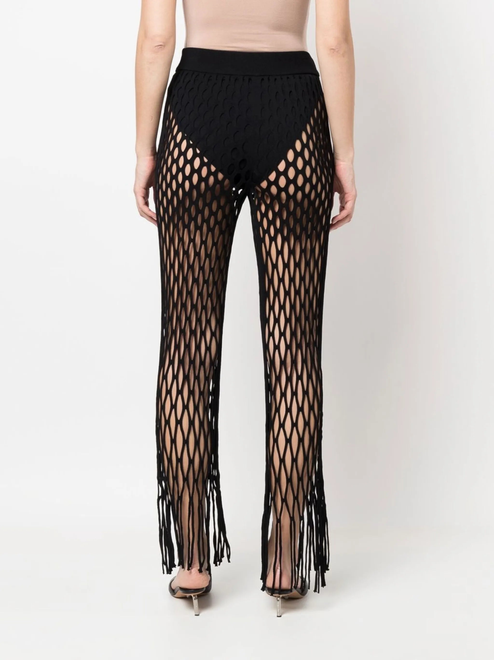 fishnet fringed trousers