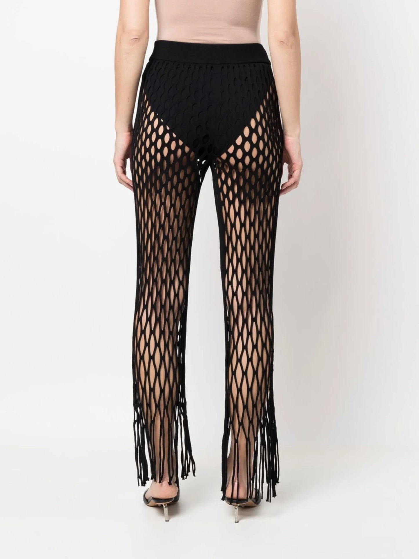 fishnet fringed trousers