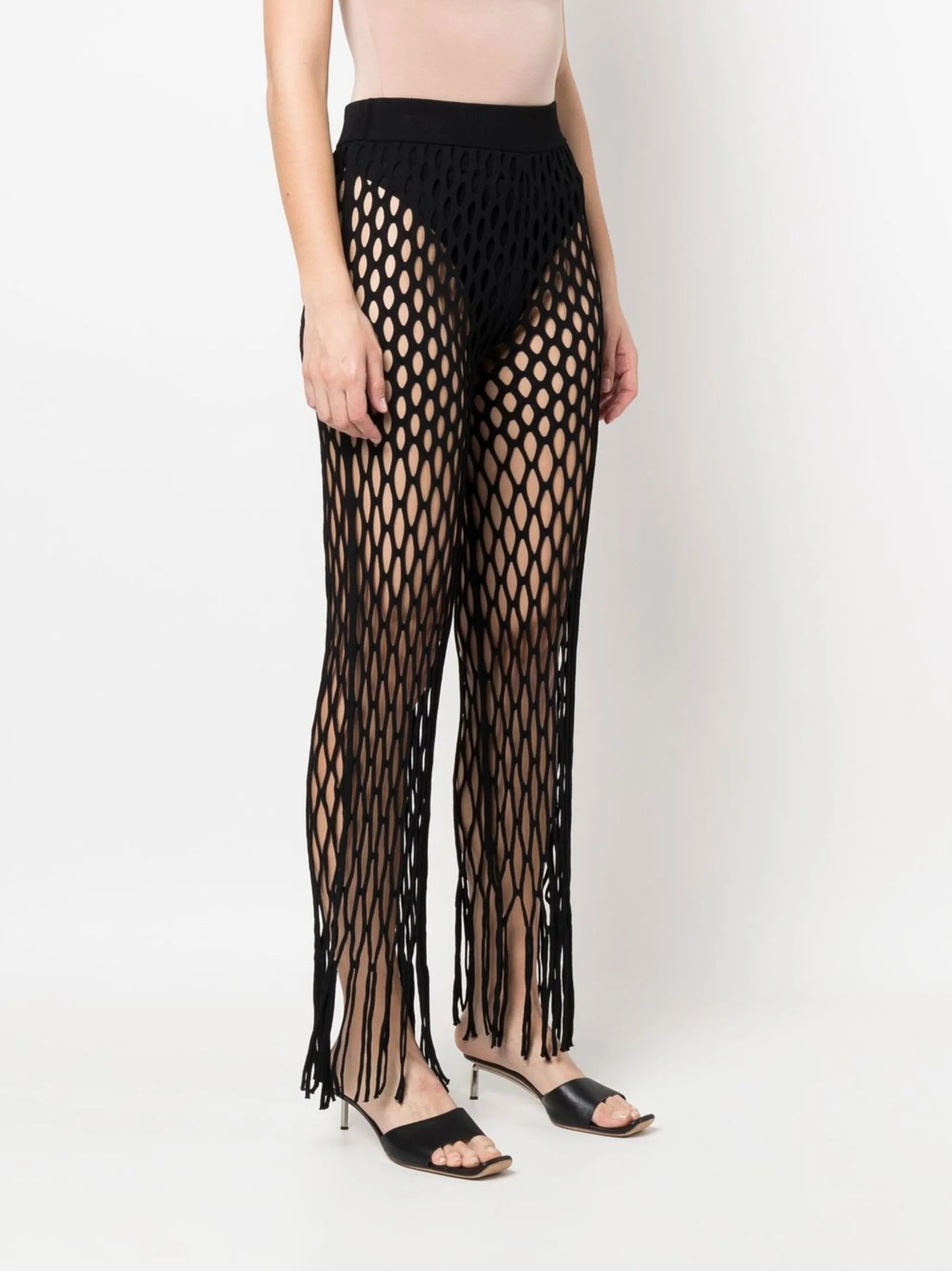 fishnet fringed trousers