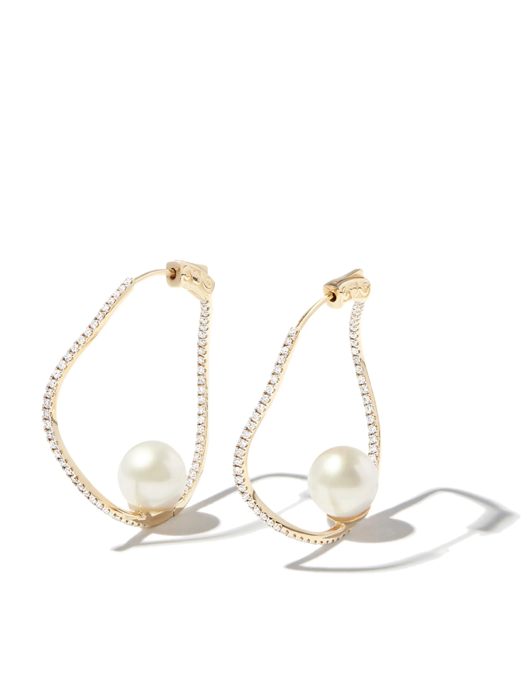 14kt yellow gold wave diamond and pearl hoop earrings