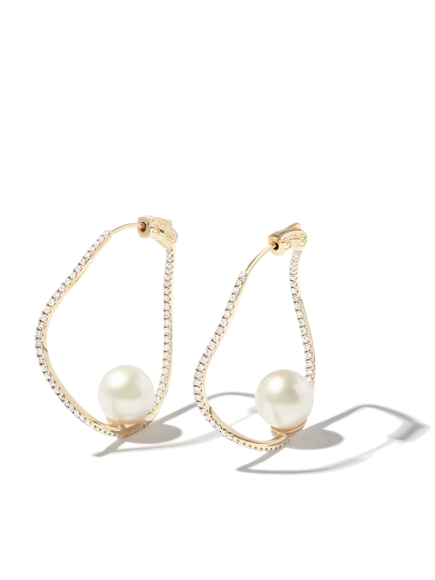 14kt yellow gold wave diamond and pearl hoop earrings