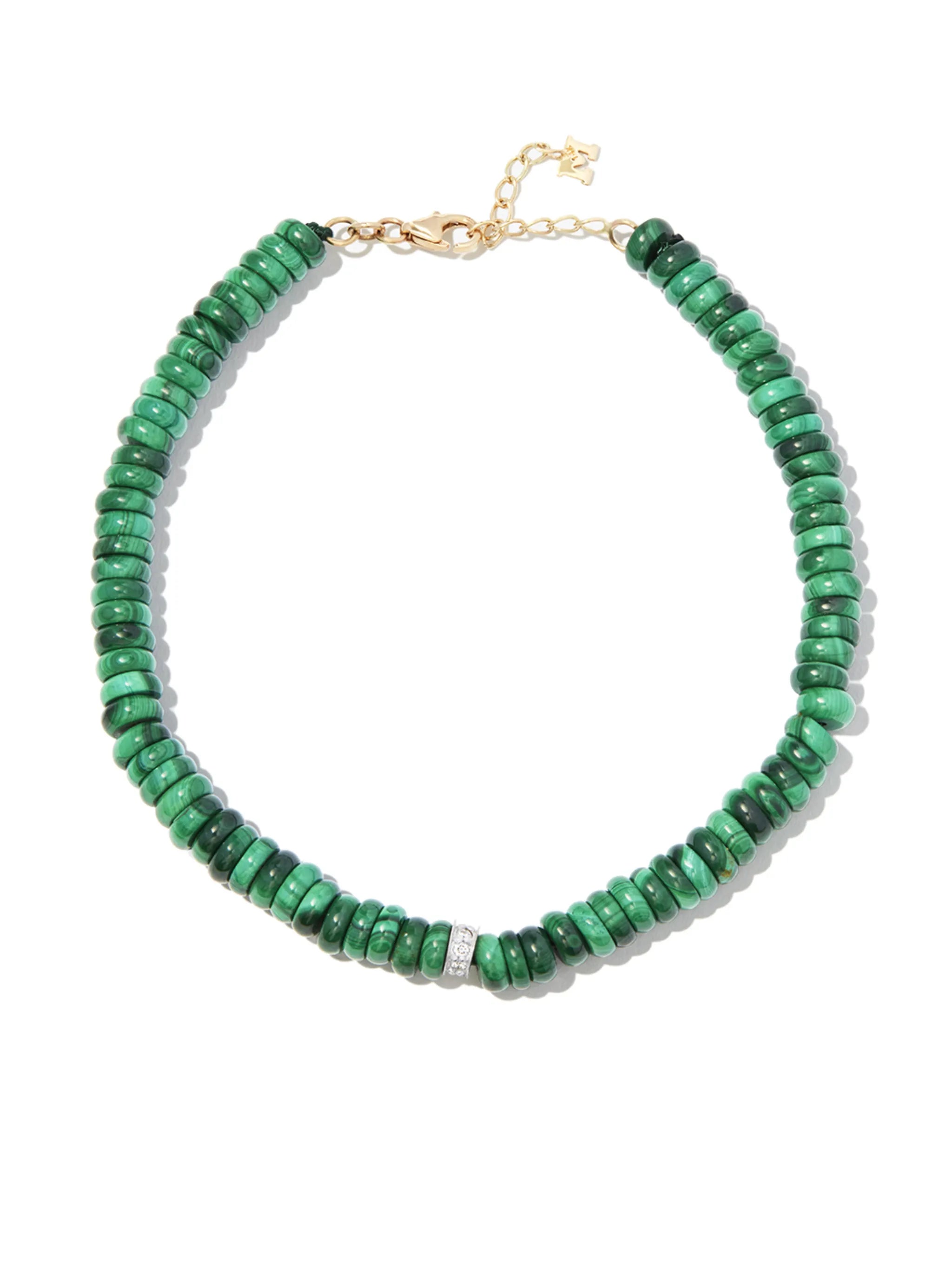 14kt yellow gold malachite diamond beaded bracelet
