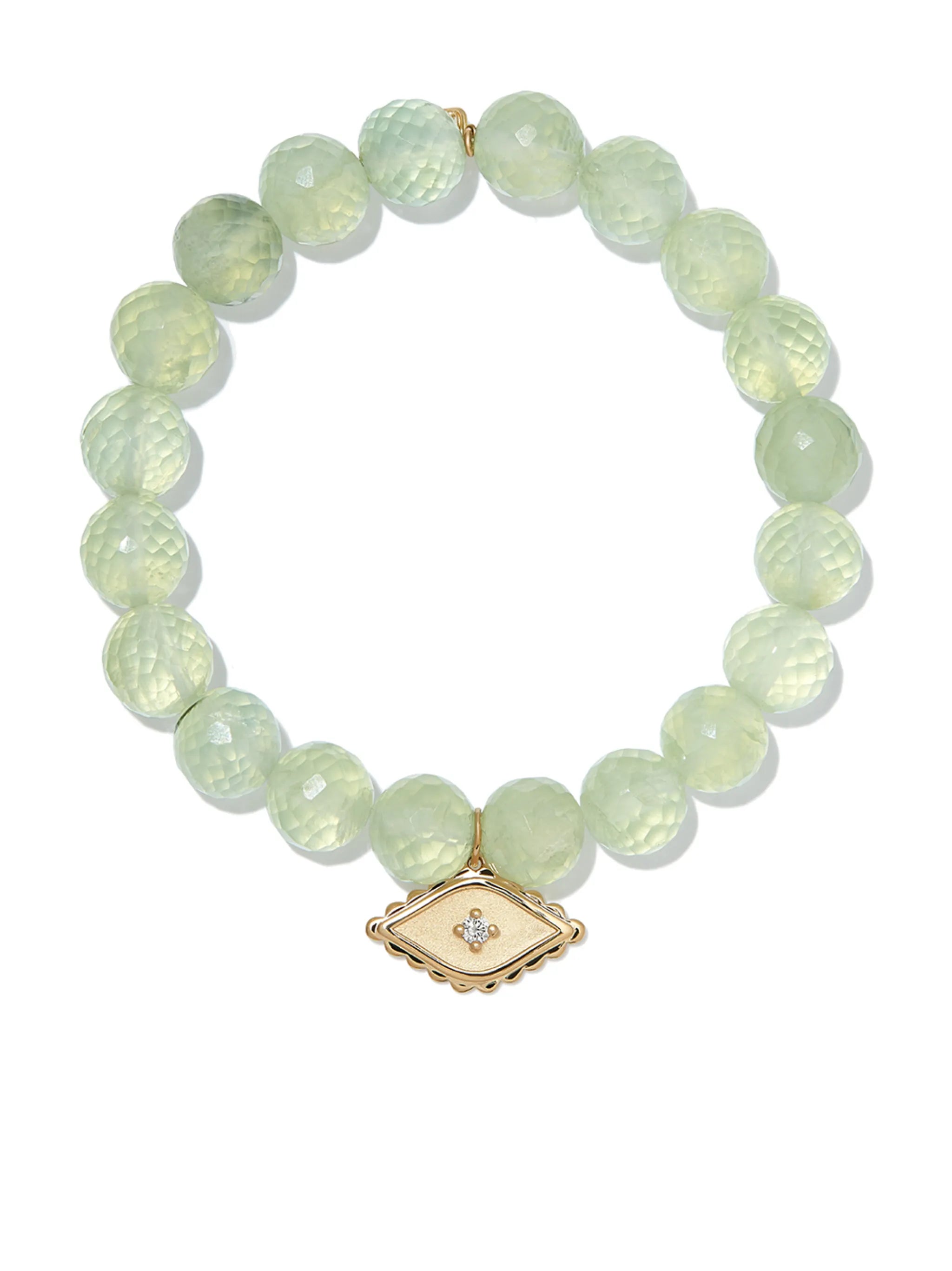 14kt yellow gold prehnite evil eye diamond charm beaded bracelet