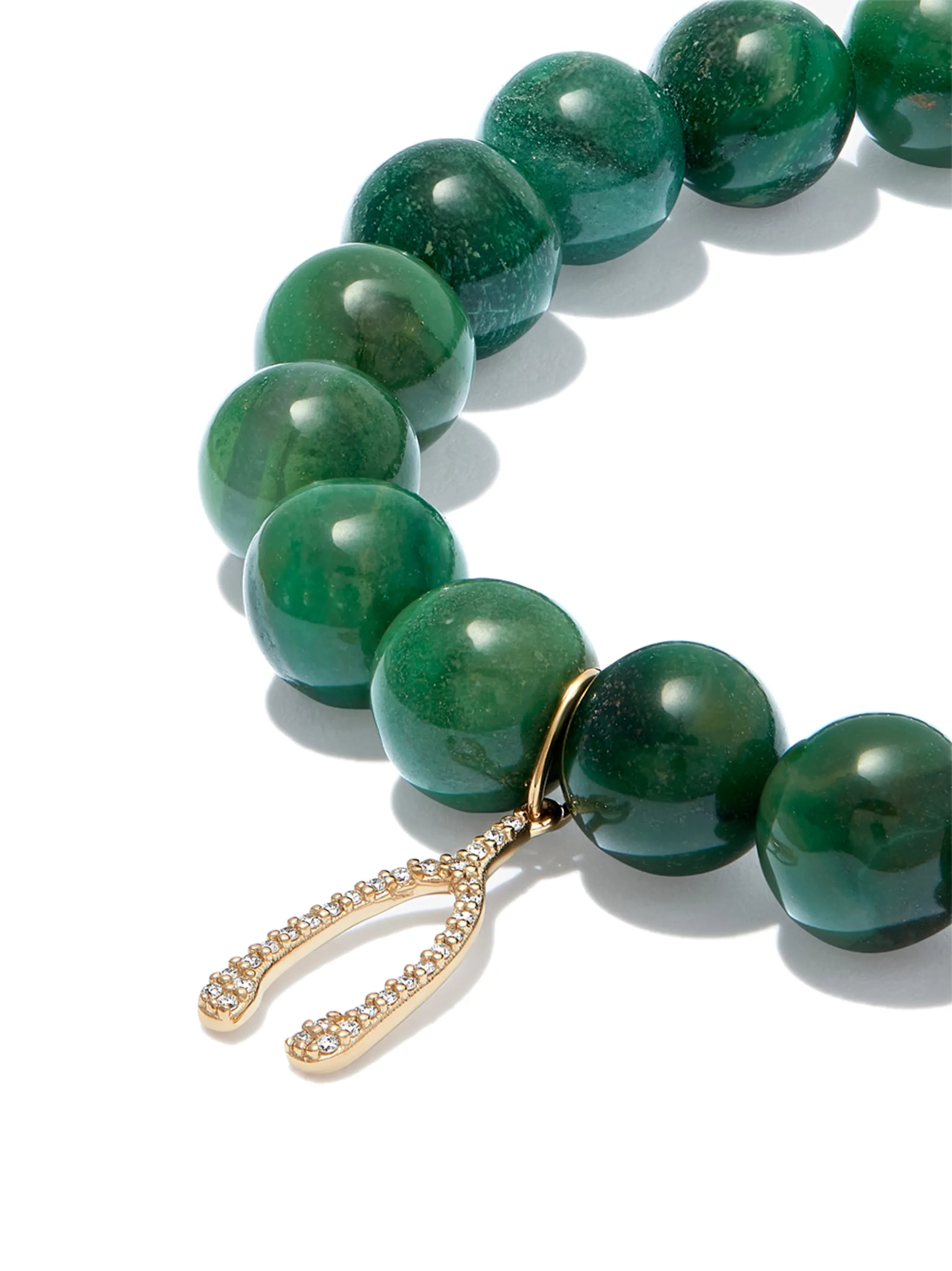 14kt yellow gold verdite diamond wishbone charm beaded bracelet